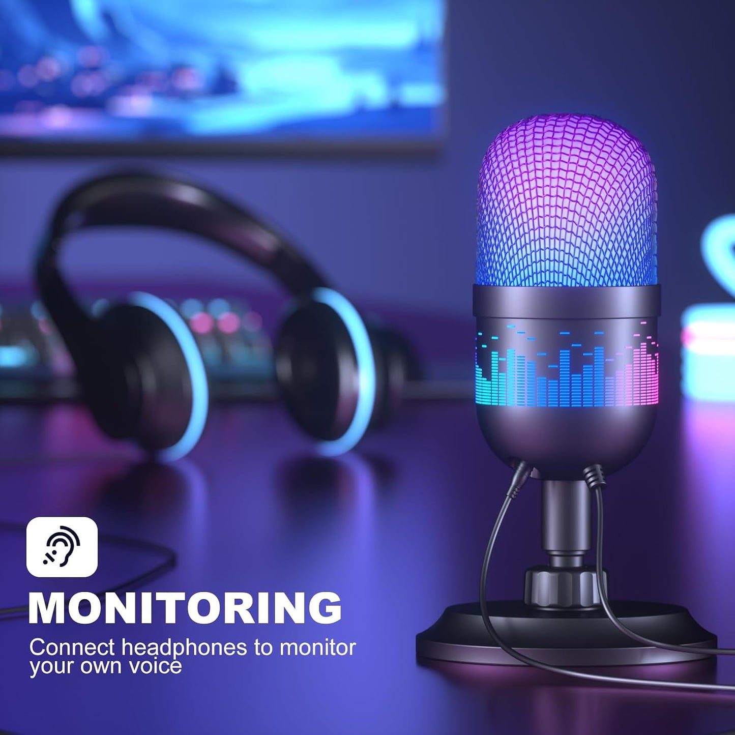 Aokeo Gaming Microphone, USB Computer Microphone for PC, Mac, PS4/5, Condenser Podcast Mic for Studio Recording, for Streaming Podcast YouTube, with Led Light