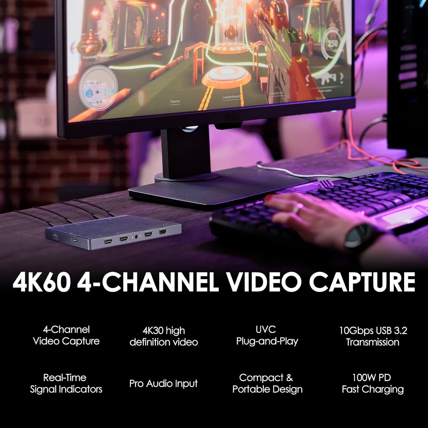 CT-4 4K Video Capture Card - 4 HDMI Inputs, UVC Plug-and-Play, Simultaneous 4-Channel Capture, 10Gbps USB 3.2, Pro Audio Input, 100W PD Charging, for Streaming, Gaming, Video Production