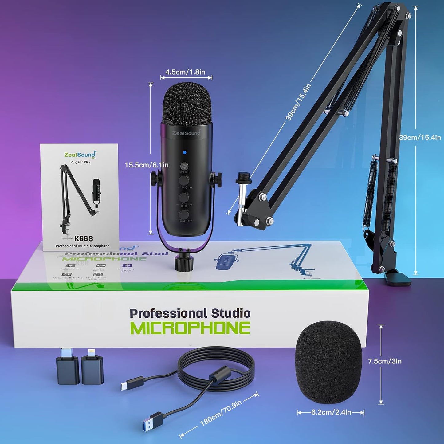 ZealSound Podcast Microphone with Boom Arm, USB Mic with Noise Reduction, Mute, Echo & Volume Control, Zero-Latency Monitoring, Compatible with PC Mac iPhone & Android, for Podcasting Gaming YouTube