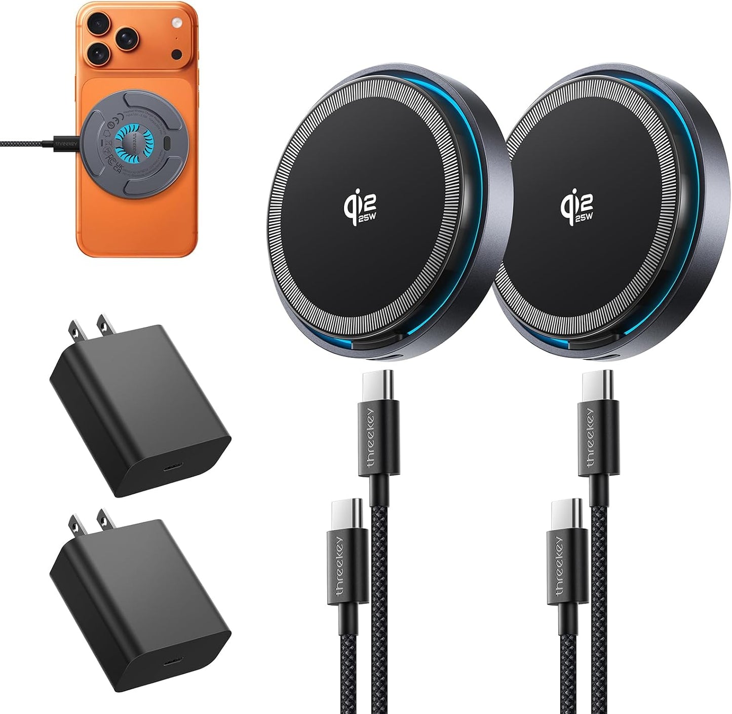 THREEKEY Qi2.2 25W Wireless Charger, 2 Pack for iPhone 17-12 and AirPods | Fast Wireless Charging Pads with Cooling Fan, 6.6 ft Cables, Two 35W Adapters Included, for Travel, Desk and Nightstand