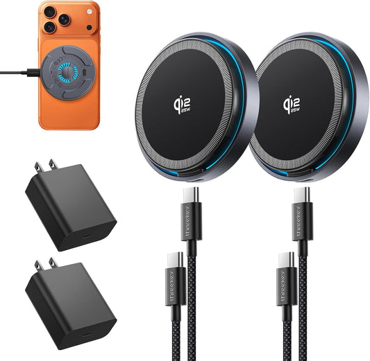 THREEKEY Qi2.2 25W Wireless Charger, 2 Pack for iPhone 17-12 and AirPods | Fast Wireless Charging Pads with Cooling Fan, 6.6 ft Cables, Two 35W Adapters Included, for Travel, Desk and Nightstand