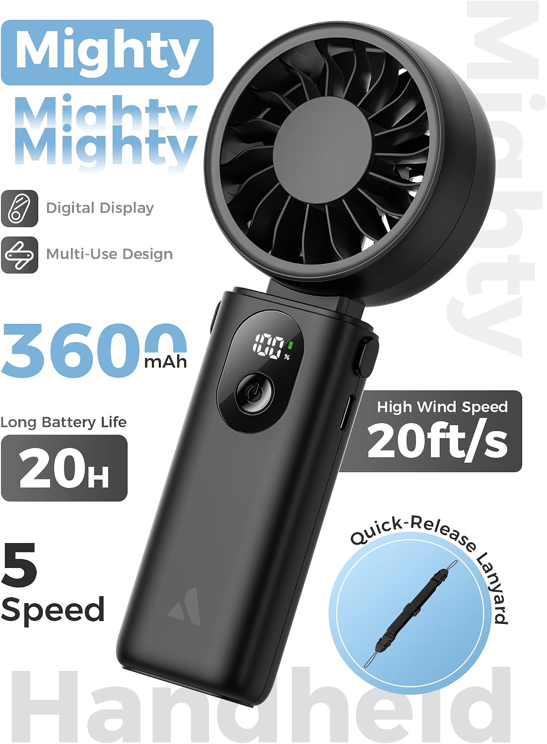 Aecooly Mighty Portable Handheld Fan | 20H Max Cooling | 3 Flexible Modes | 5 Speeds Wind | Battery Level Display | USB Rechargeable Mini Personal Battery Powered, Gifts for Women, Travel -Black