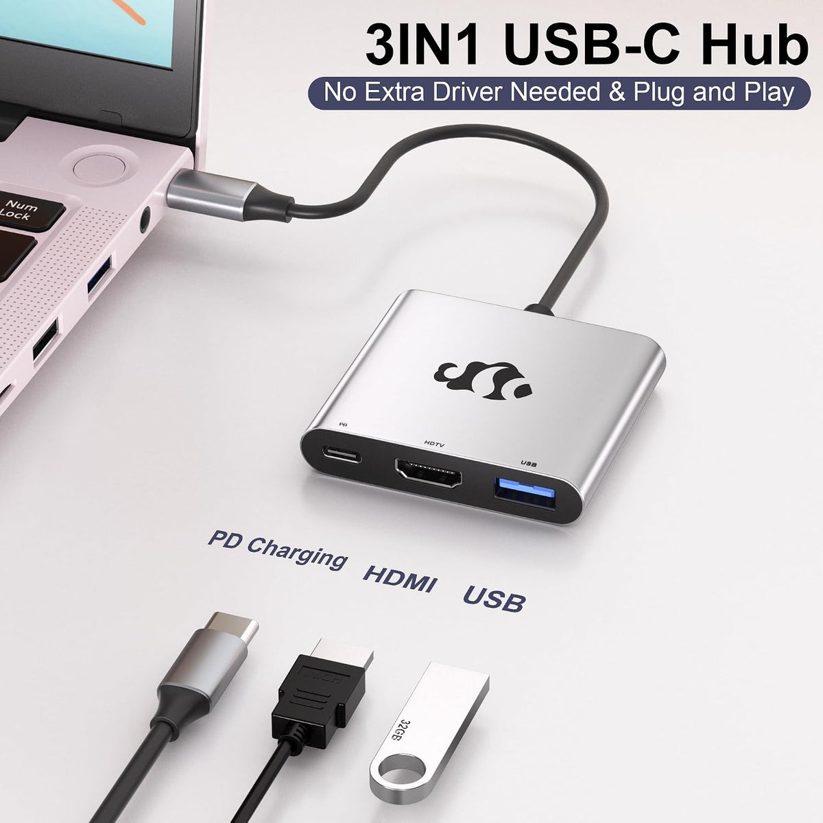 Nimo USB C to HDMI Adapter, 3 in 1 Type-C Hub Converter to 4K Output, USB 3.0 Port, 100W PD Fast Charging Port, Digital AV, Multiport for Monitor, Laptop, Tablet, Smartphone and More