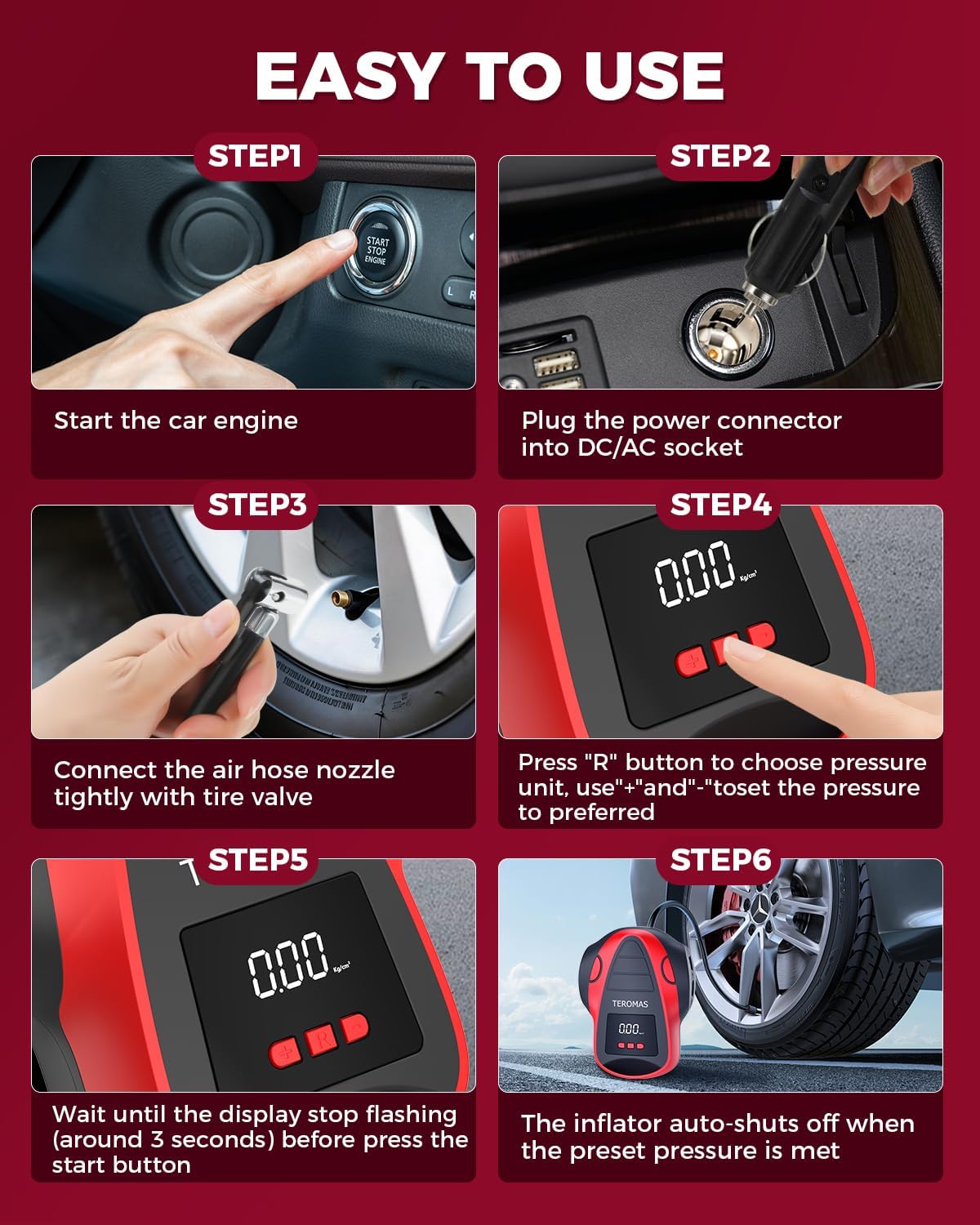Tire Inflator Portable Air Compressor, Air Pump DC/AC for Car Tires 12V DC and Other Inflatables at Home 110V AC, Digital Electric Tire Pump with Pressure Gauge(Red)
