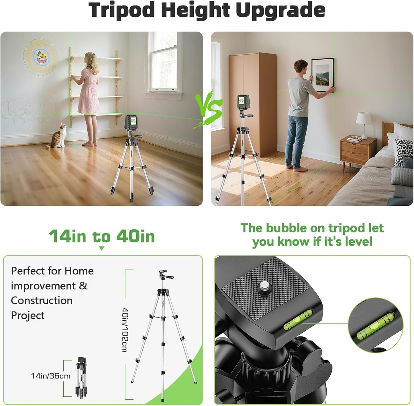 Laser Level with 40in Tripod, Huepar 150°/150Ft Self Leveling Lazer Leveler Tool with Pulse Mode (197Ft), Switchable Green Cross Line for Picture Hanging, Tile, DIY/Construction Project