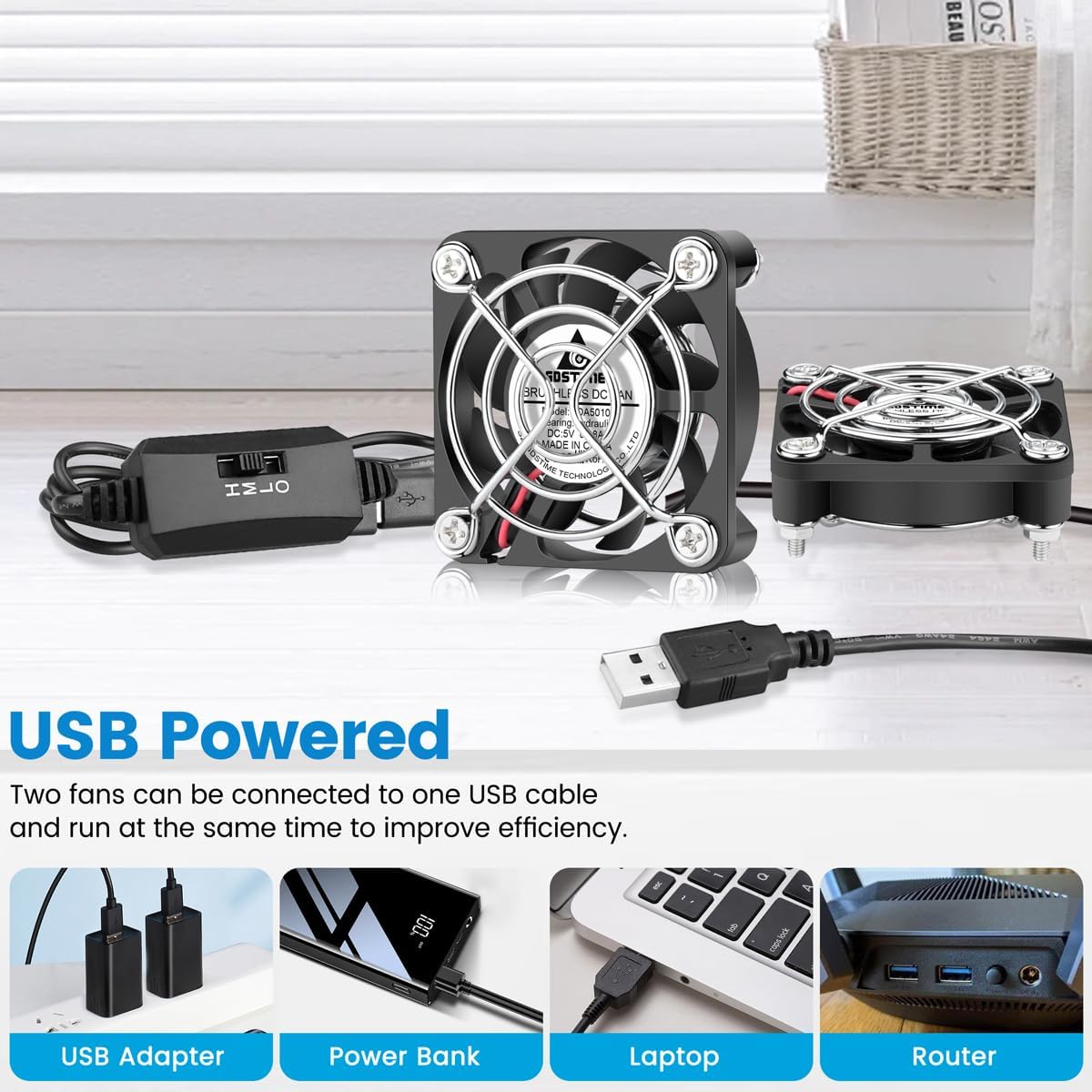 GDSTIME Dual 50mm USB Fan with 3 Speed Control, Mini 5V DC Cooling Cooler | 50x50x10mm, 5010, L/M/H Adjustable Wind, for Raspberry Pi, Cable Box, Aquarium, Small Appliances Series Replacement