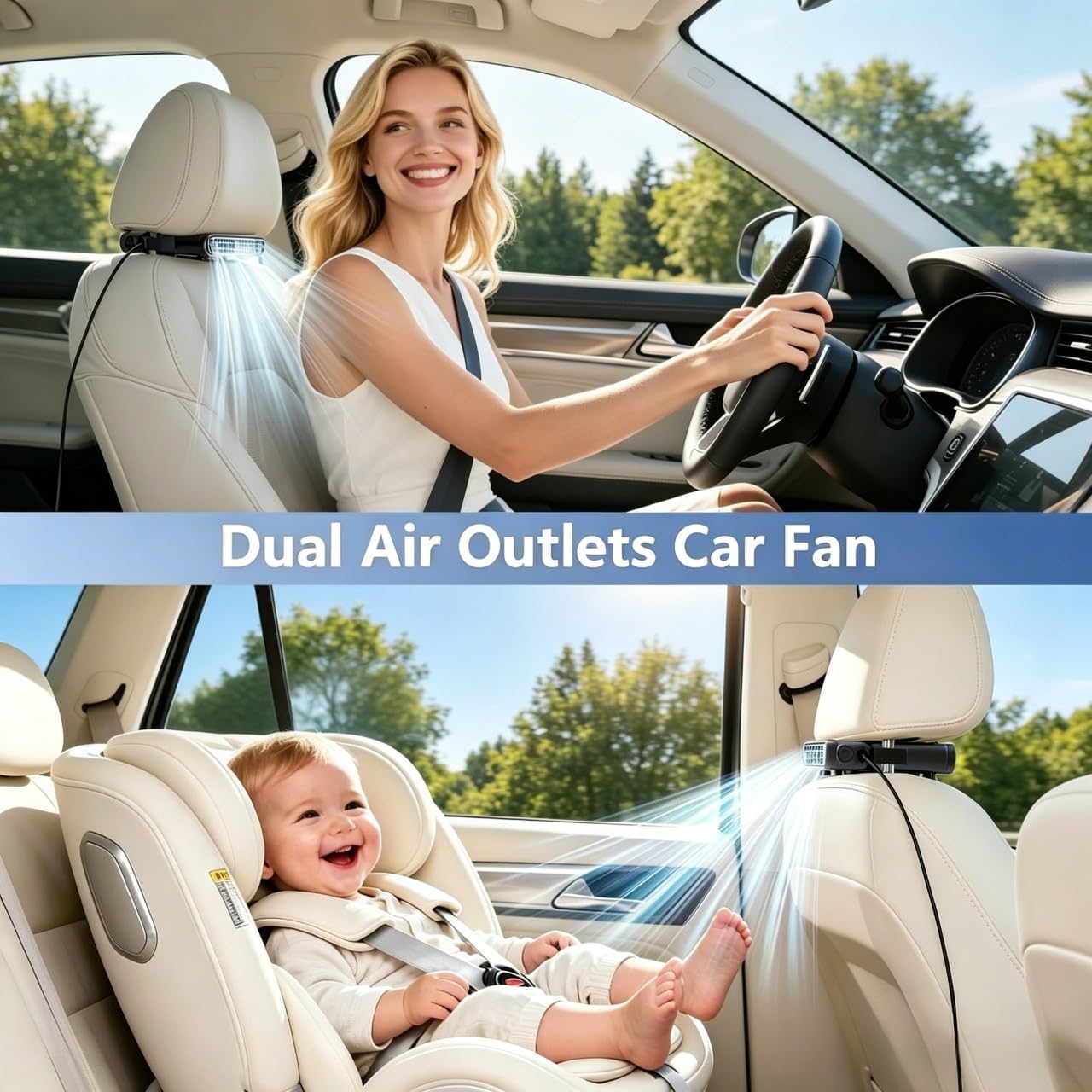 ElfTrip Car Seat Fan with Dual Air Outlets, Corded USB Car Fans for Kids for Driver Passenger, Stronger 3 Speeds, Forward or Backward Airflow, Fits in Most Car SUV (1 Pack No-Recharge Plug-in to Work)