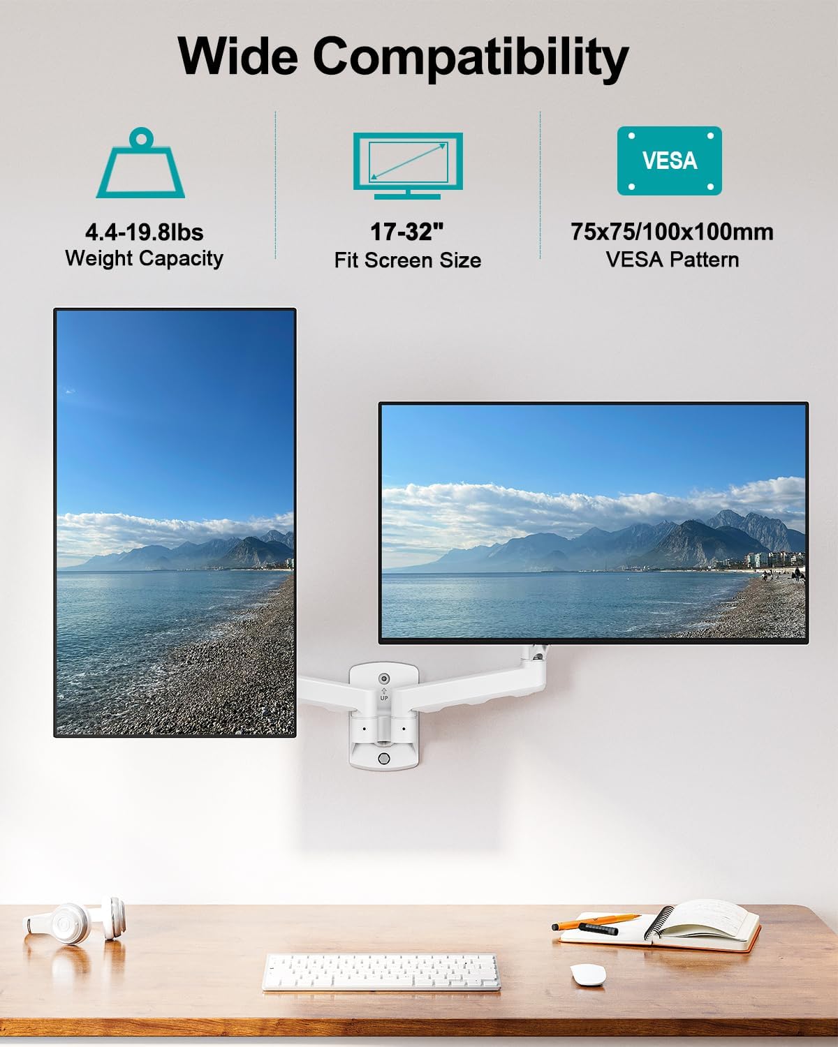 MOUNT PRO Dual Monitor Wall Mount for Max 32" Screens, Up to 19.8lbs Each