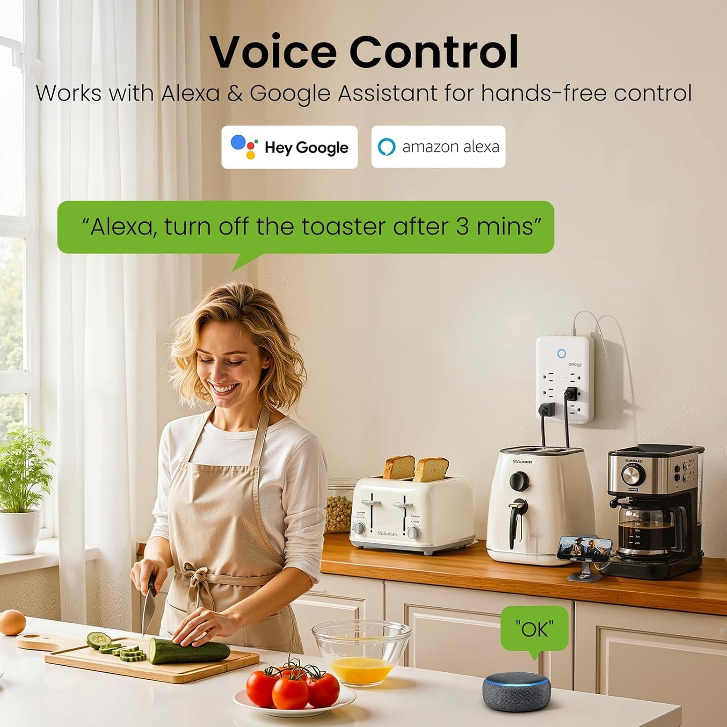 GHome Smart Plug Outlet Extender, USB Wall Charger with 3 Individual Smart Outlets and 3 Smart USB Ports, Works with Alexa Google Home, WiFi Power Strip for APP Control,15A/1800W
