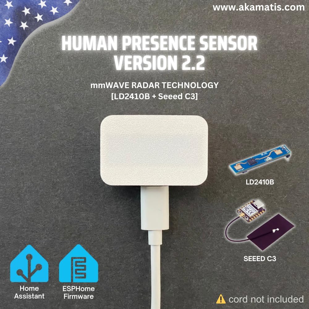 AKAMATIS Human Presence Sensor v2.2 for Home Assistant, mmWave Radar Smart Motion Sensor, Adjustable Sensitivity, WiFi (Seeed C3, External Antenna + LD2410B) (White, 1 Pack (Sensor Only))