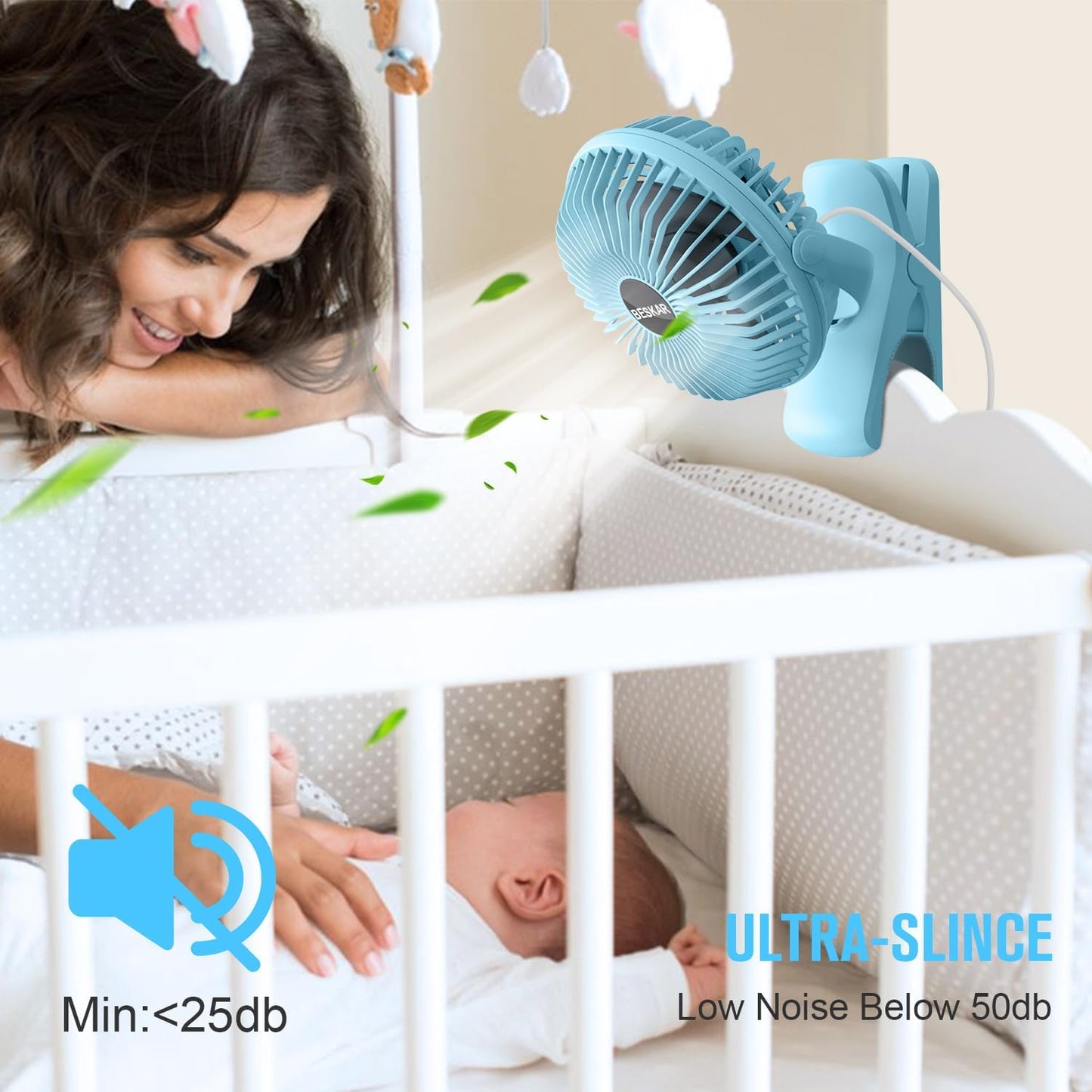 BESKAR USB Clip on Fan, Portable Small Desk Fan with Cord Powered | 3 Speeds Strong Airflow, Sturdy Clamp, Ultra Quiet Personal Cooling Fan for Office Dorm Bedroom Stroller
