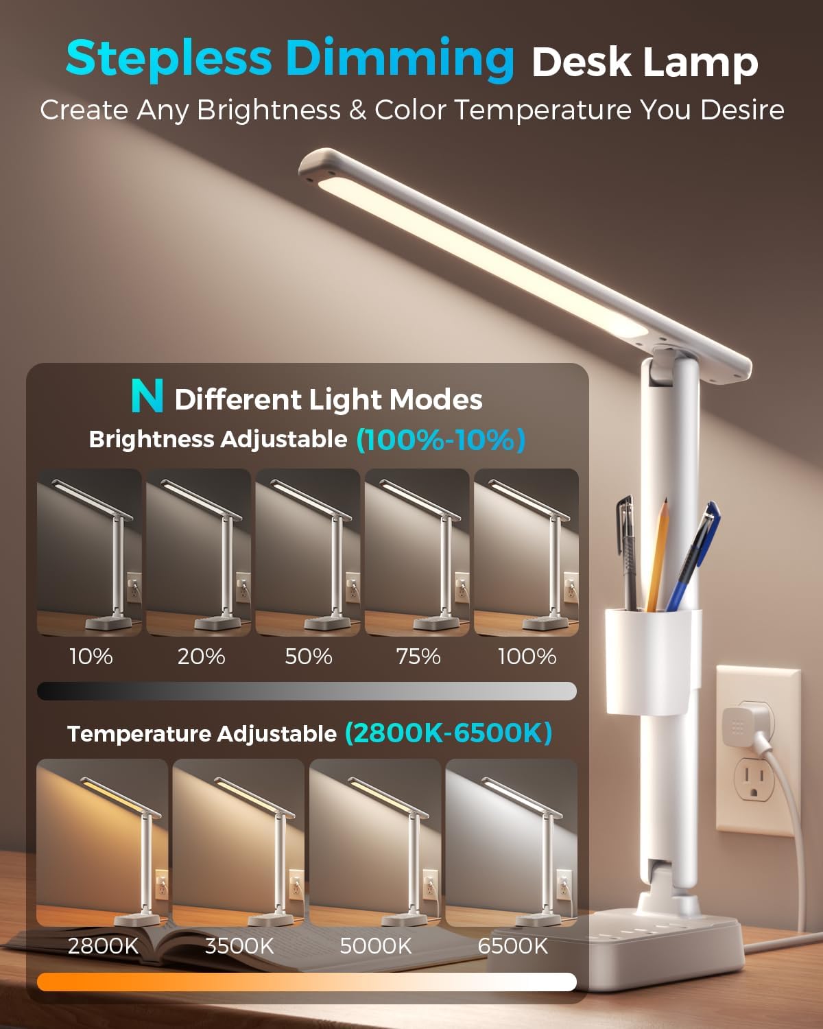 LED Desk Lamp with Power Strip, 3 AC Outlets, 4 USB Ports, Stepless Dimming