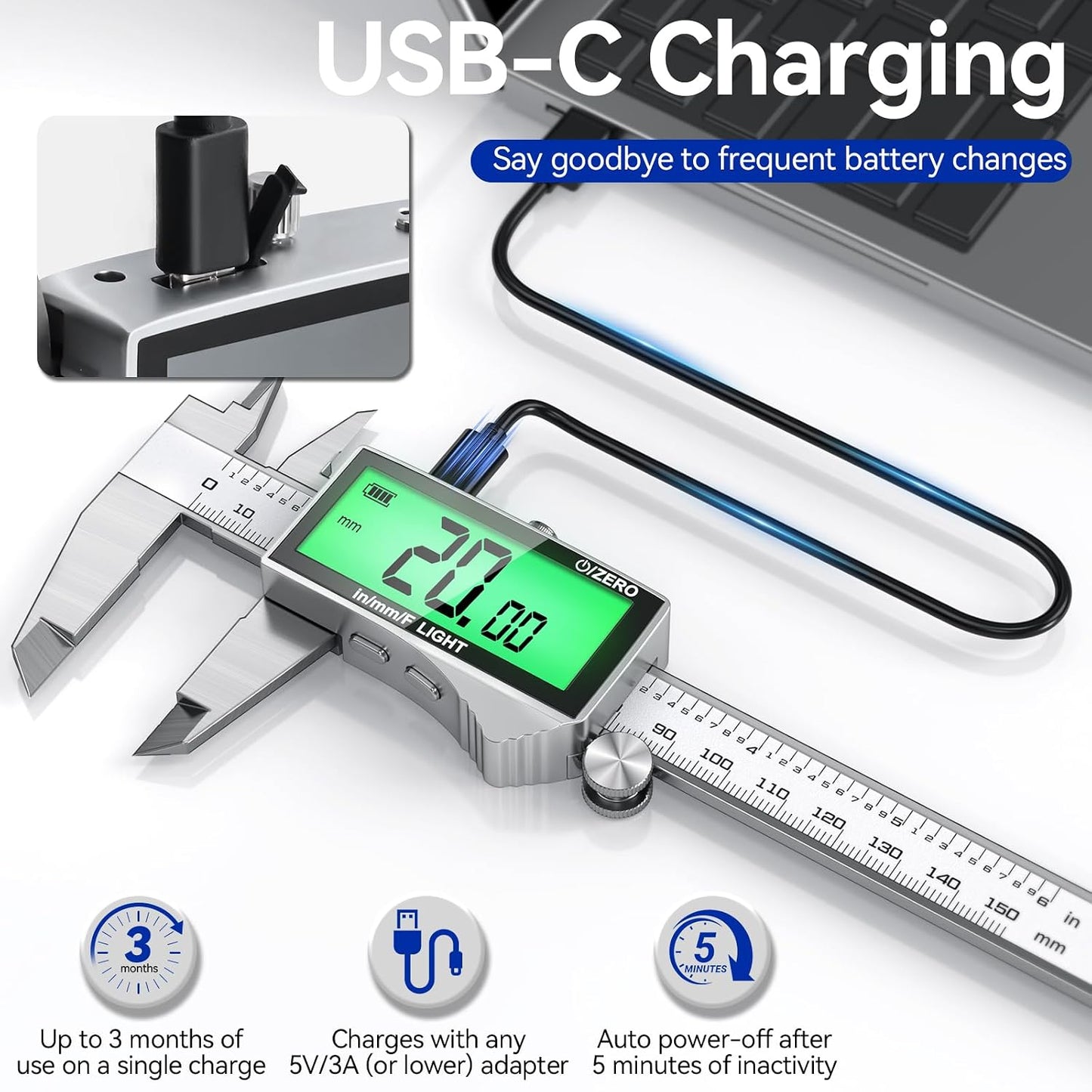 Rechargeable Digital Caliper 6 Inch, High-Precision Stainless Steel Vernier Caliper with Backlight, Support MM/in/F, Type-C Charging, LCD Screen Measuring Tool