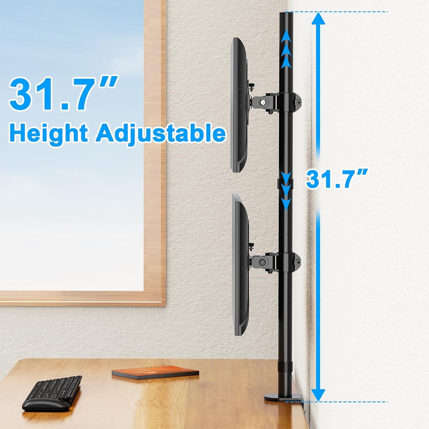 Vertical Dual Monitor Stand for Max 32 "Computer Screen | Holds up to 17.6 lbs Each Stacked Monitor Mount Height Adjustable, Swivel, Tilt Monitor Desk Mount, VESA 75/100
