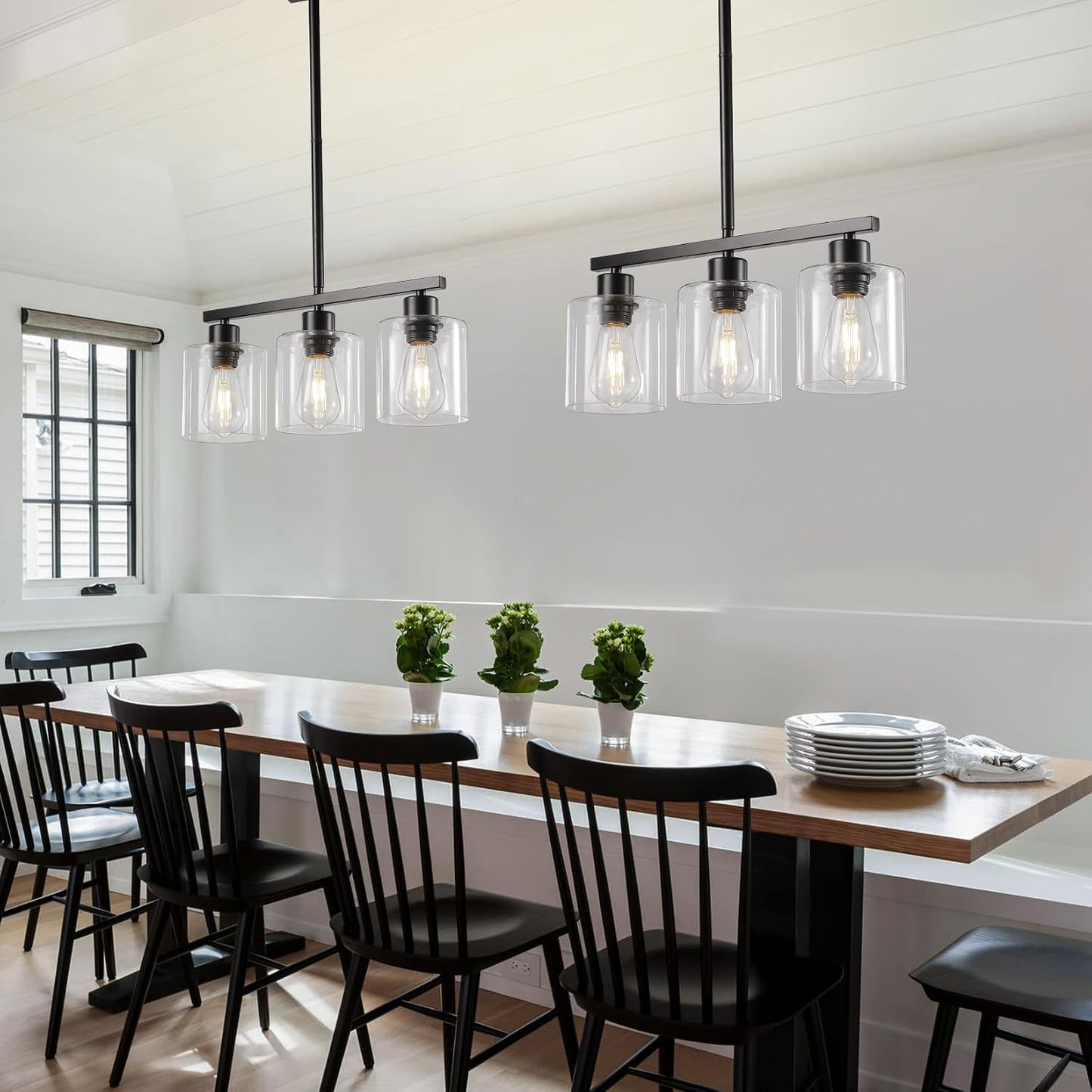 3-Light Kitchen Island Lighting, Black Pendant Light Fixture, Farmhouse Dining Room Light Fixtures Over Table, Modern Hanging Light Fixtures with Clear Glass, E26 Base, Bulbs Not Included