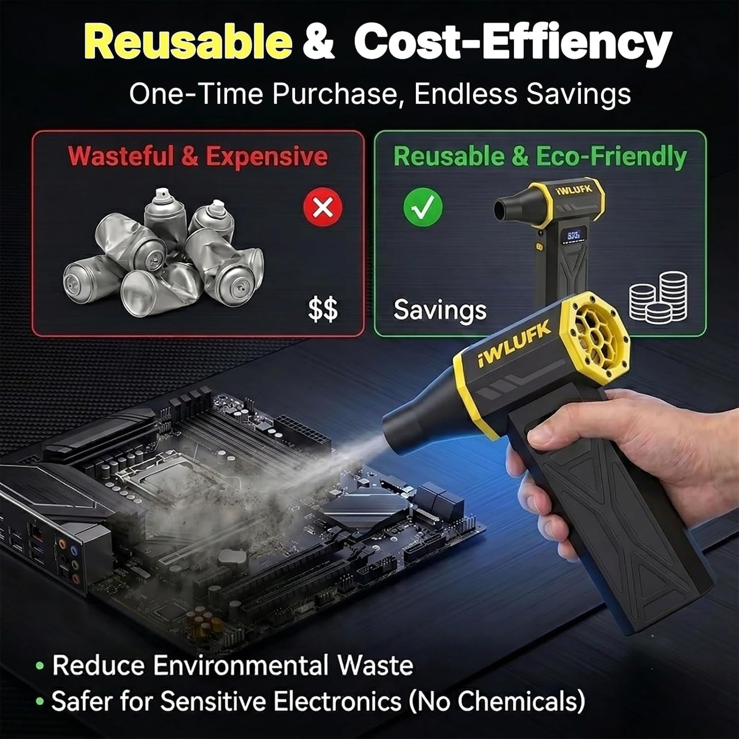 Electric Compressed Air Duster, 130,000RPM Super Power Cordless Rechargeable Electronic Dust Blower, 4-Gear Adjustable Mini Duster for Electronics Computer PC Keyboard Home Car Workshop Outdoor