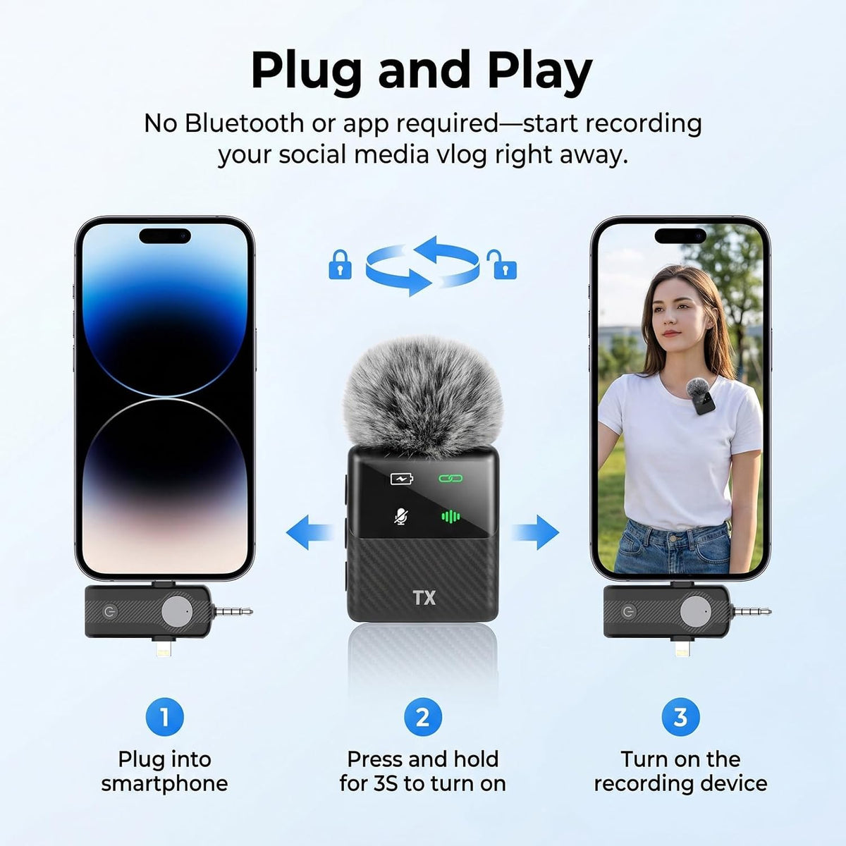 DORNLAT Wireless Lavalier Microphone, 3 in 1 Plug Play Lapel Mic for iPhone/Android/Camera, Noise Cancelling, Mini Compact Lavalier Mic for Vlog, YouTube, TikTok, Live Streaming, Record Interview