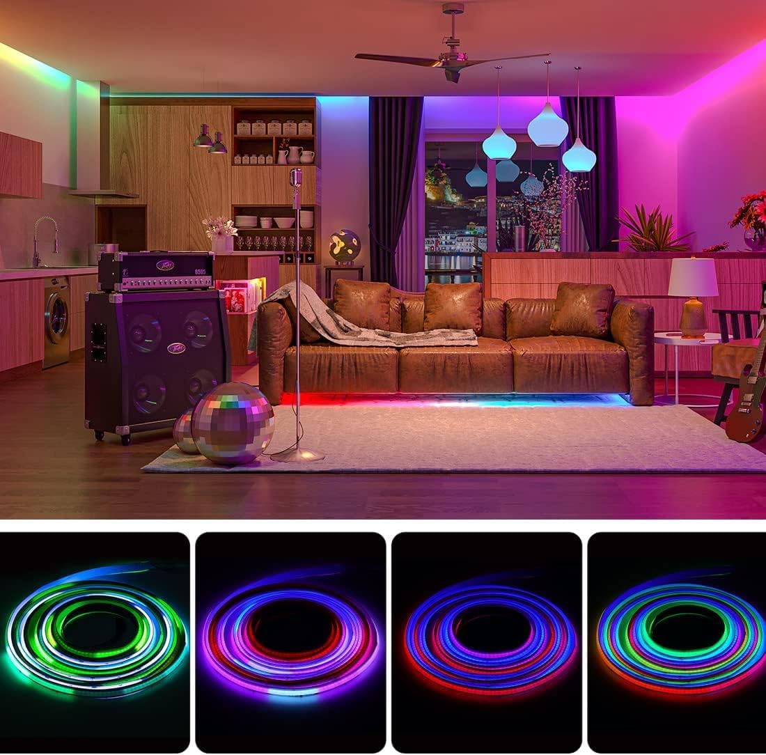 BTF-LIGHTING WS2811 Smart IC RGB FCOB COB LED Strip, UL Listed 720LEDs/m High Density Color Chasing Uniform Light, DC12V 16.4FT 12mm Width Black PCB for Home Party DIY Decor(No Adapter or Controller)