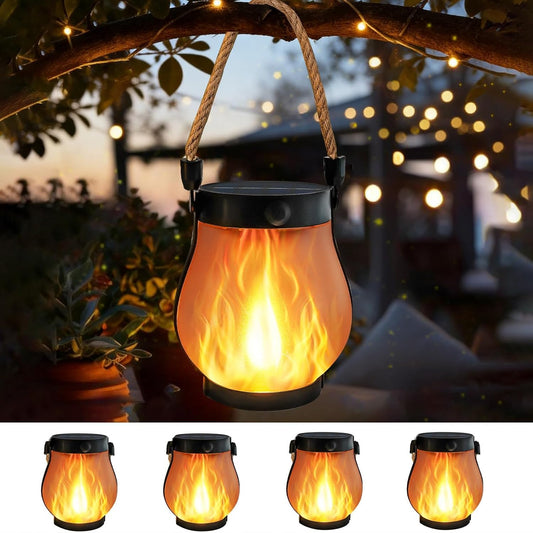 4 Pack Gen2 Solar Lanterns Outdoor Waterproof Hanging Solar Flame Lights | USB & Solar Charging, 2 Modes, Auto ON/OFF, IP65 Waterproof, Hemp Rope Handle, Indoor Outdoor for Garden Tree Tabletop Decor