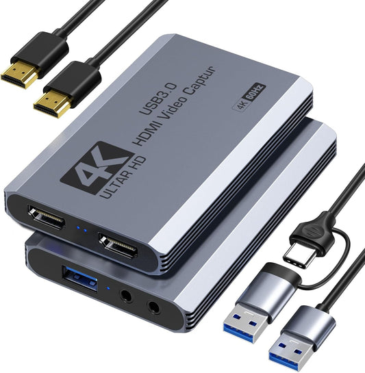 XIIXMASK 4K HDMI Capture Card, USB 3.0 4K60FPS Capture with Pass-Through | Features USB A/C for 4K60FPS & 1080P 120FPS video game capture & streaming. for PS4/5, Xbox, Switch1/2, PC, Mac & camera.