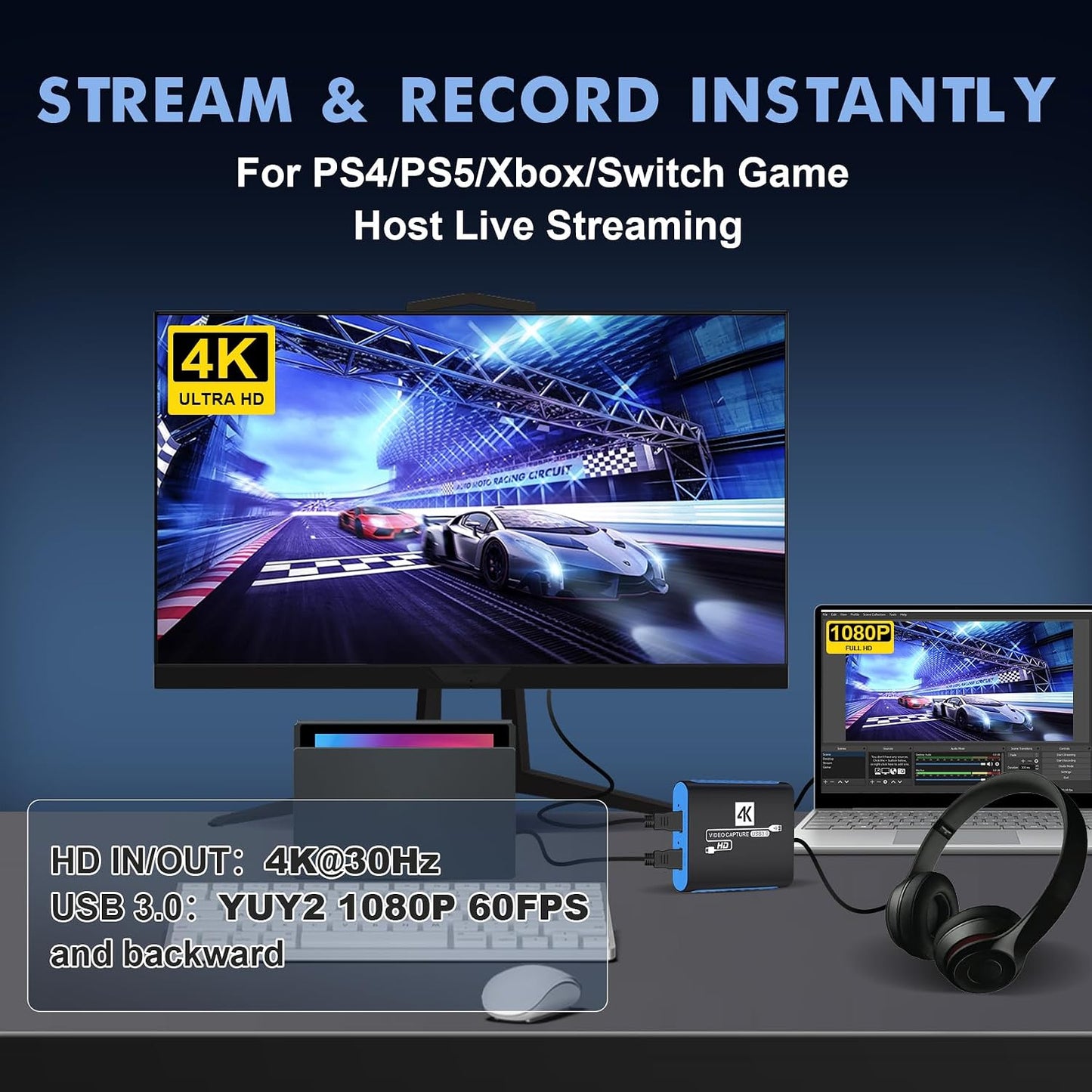 USB Capture Card for Streaming, YUY2 1080P 60FPS for Switch/PS5/Xbox/DSLR | 4K HDMI Pass-Through, 3.5mm Mic-in, Plug & Play No Drivers, for OBS Twitch YouTube, Windows/Mac Compatible