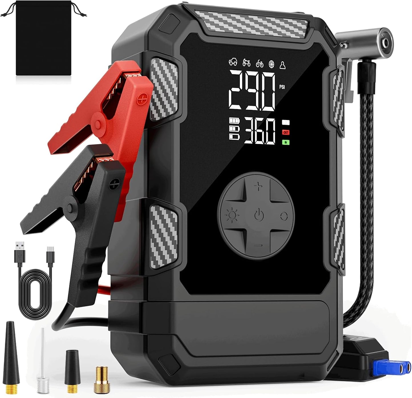 4000A Car Jumper Starter Portable with Air Compressor, 12V Battery Jump Starter with Tire Pump 150PSI for 10L Gas Diesel Engines, Battery Jumper Box Pack Combo with LED Light, Car Accessories Gift