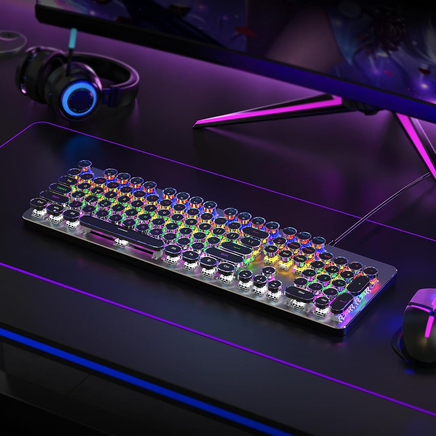 Typewriter Wired Mechanical Gaming Keyboard, Blue Switch LED Backlit | Metal Panel, Retro Punk Round Keycaps, 104 Keys Wired Keyboard for PC Laptop Mac Gamer, LED Rainbow Backlit,RisoPhy