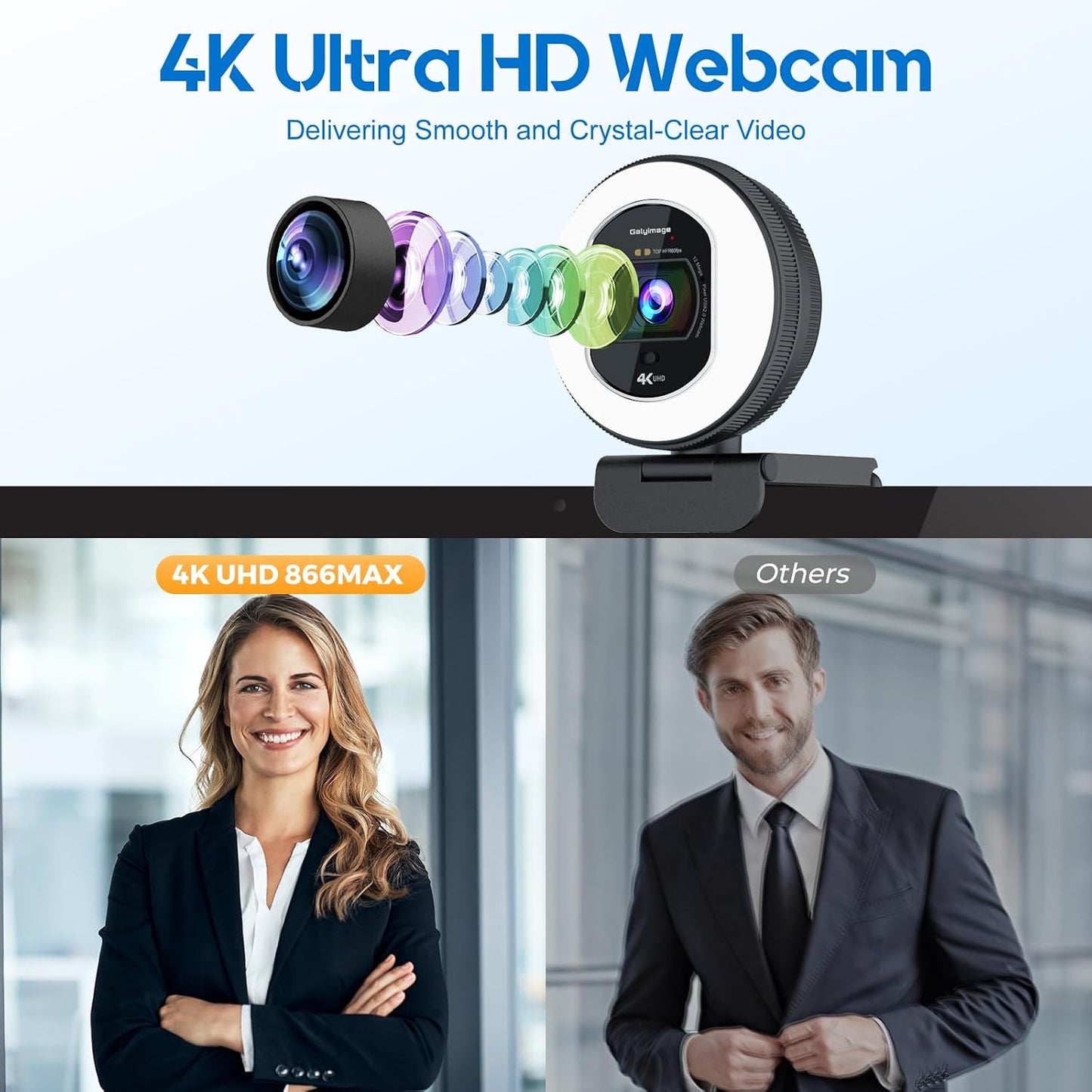 4K Webcam with Ring Light & Built-in Microphone for PC Streaming | PDAF Autofocus,Supports 1080P 60FPS, Comes with Privacy Cover, Compatible with Zoom, Skype, Google Meet, Laptop Desktop Mac