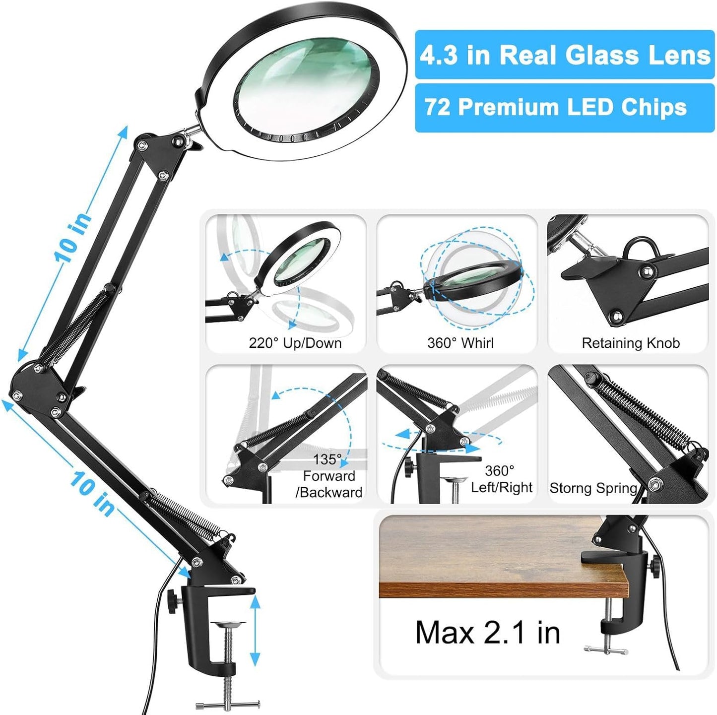 Coyeth 10X Magnifying Glass with Light and Clamp, Real Glass Stand Lighted Magnifier, 5 Color Modes Stepless Dimmable LED Desk Lamp Hands Free for Crafts Hobby Reading Painting Sewing Close Work