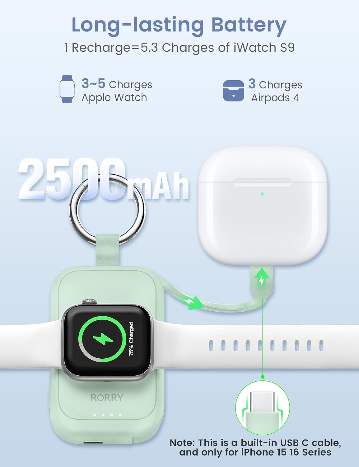 RORRY CharmGo for Apple Watch Charger, 2500mAh Portable Charger for iWatch | Fast Charging Travel Keychain Charger with Built-in USB C Cable for Apple Watch Ultra Ultra Series 11 10 9 8 7 6 3 2