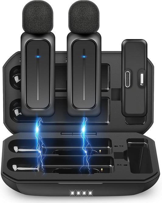 Ecomxia 2 Pcs Wireless Lavalier Microphone for iPhone iPad Android with Charging Case 7H Clip on Lapel Microphone Wireless for Video Recording Vlogging, YouTube, Interview, 3 Mode Denoise, 70ft
