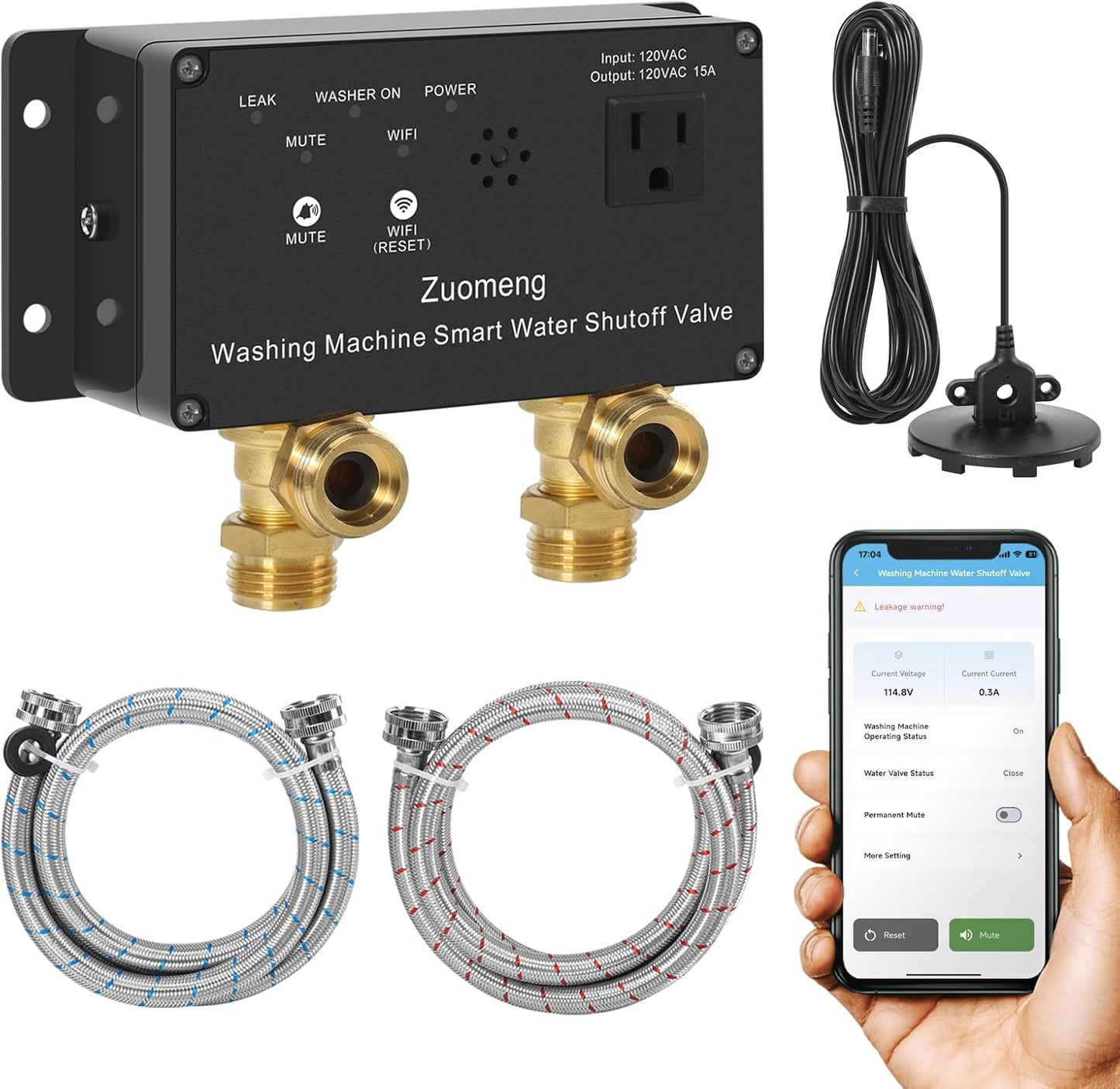 WiFi Smart Water Shutoff Valve with Leak Sensor, 3/4" Brass Valve & Extra Hose, Effortless Remote Control and Real-Time Water Leak Alerts via App