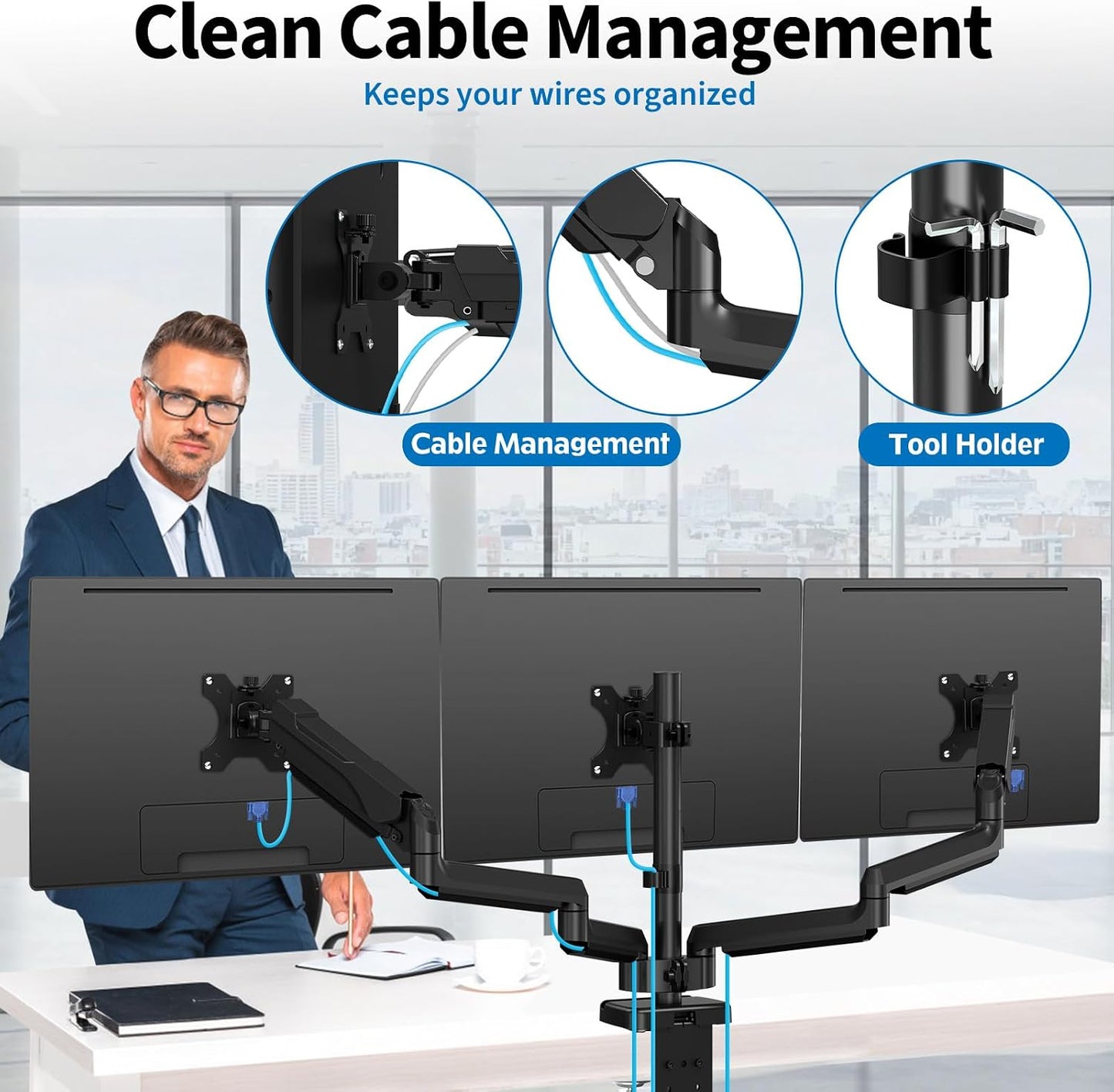 Triple Monitor Desk Mount for Computer Screens up to 32" | Holds up to 19.8 lbs Each, 3 Monitor Arm, Heavy Duty Stand Vesa Mount 75x75, 100x100