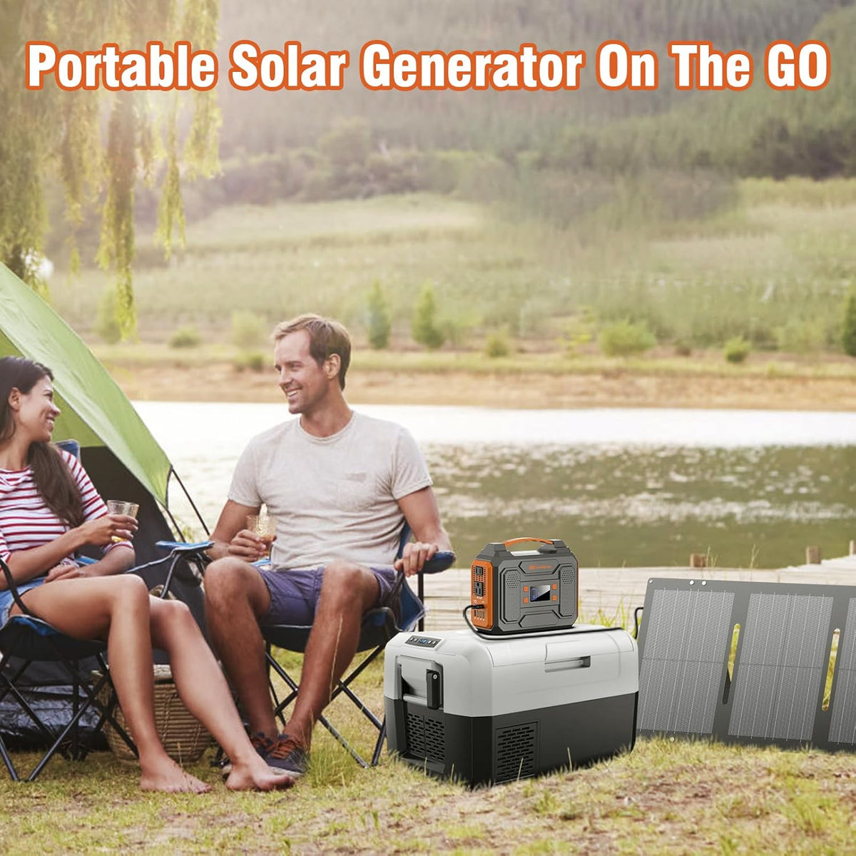 Portable Solar Generator 300W Portable Power Station with 60W Solar Panel | 110V Pure Sine Wave 280Wh Battery Solar Power Pack with USB QC3.0 DC AC Outlet for Camping Smart Device RV Van Outdoor-Orange