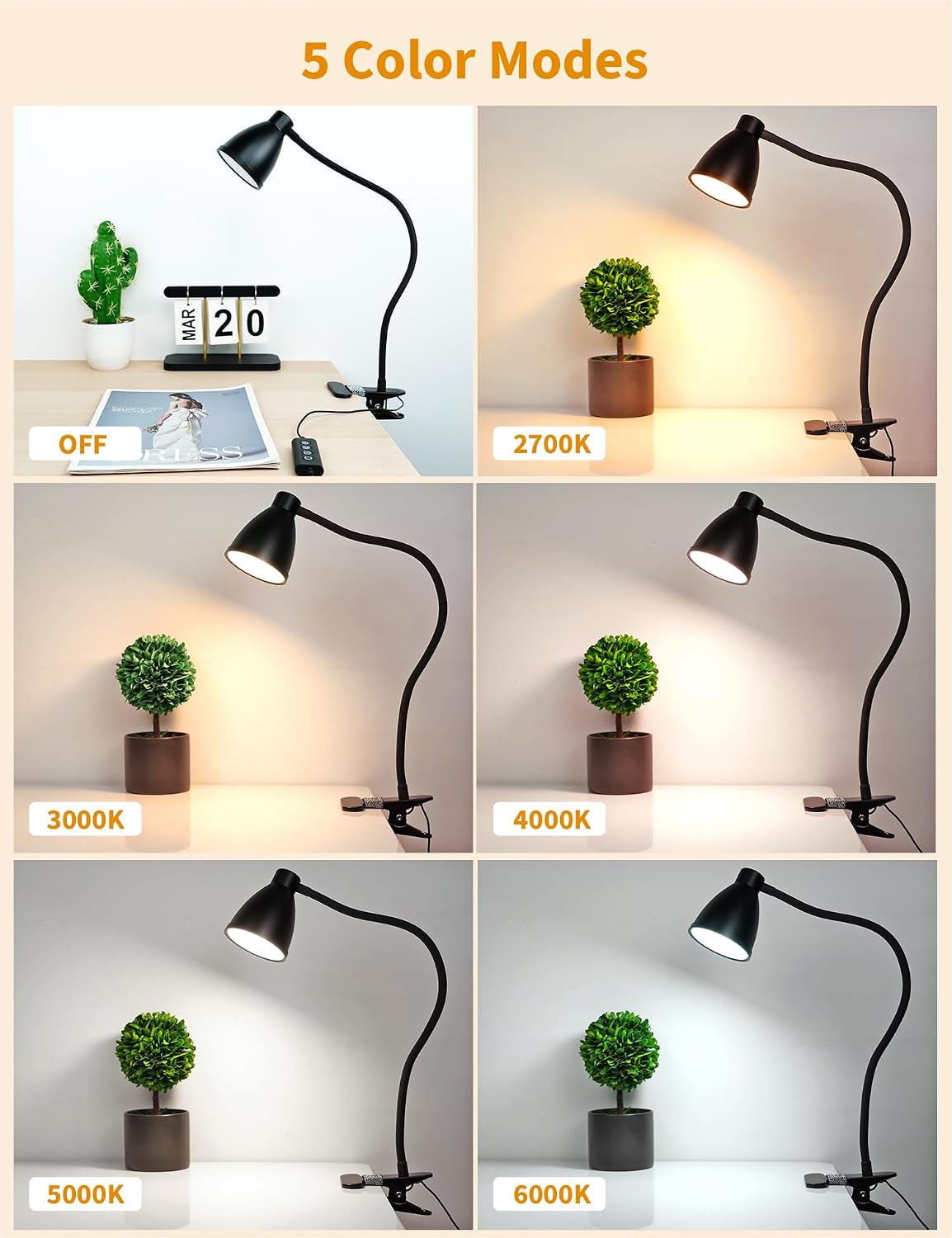 BOHON Desk Lamp 5 Color Modes 10 Brightness Dimmer Reading Light Black | 10W 38 LED Clamp Lamp with Auto Off Timer 360° Flexible Neck Clip on Light for Bed Bedside, AC Adapter Include