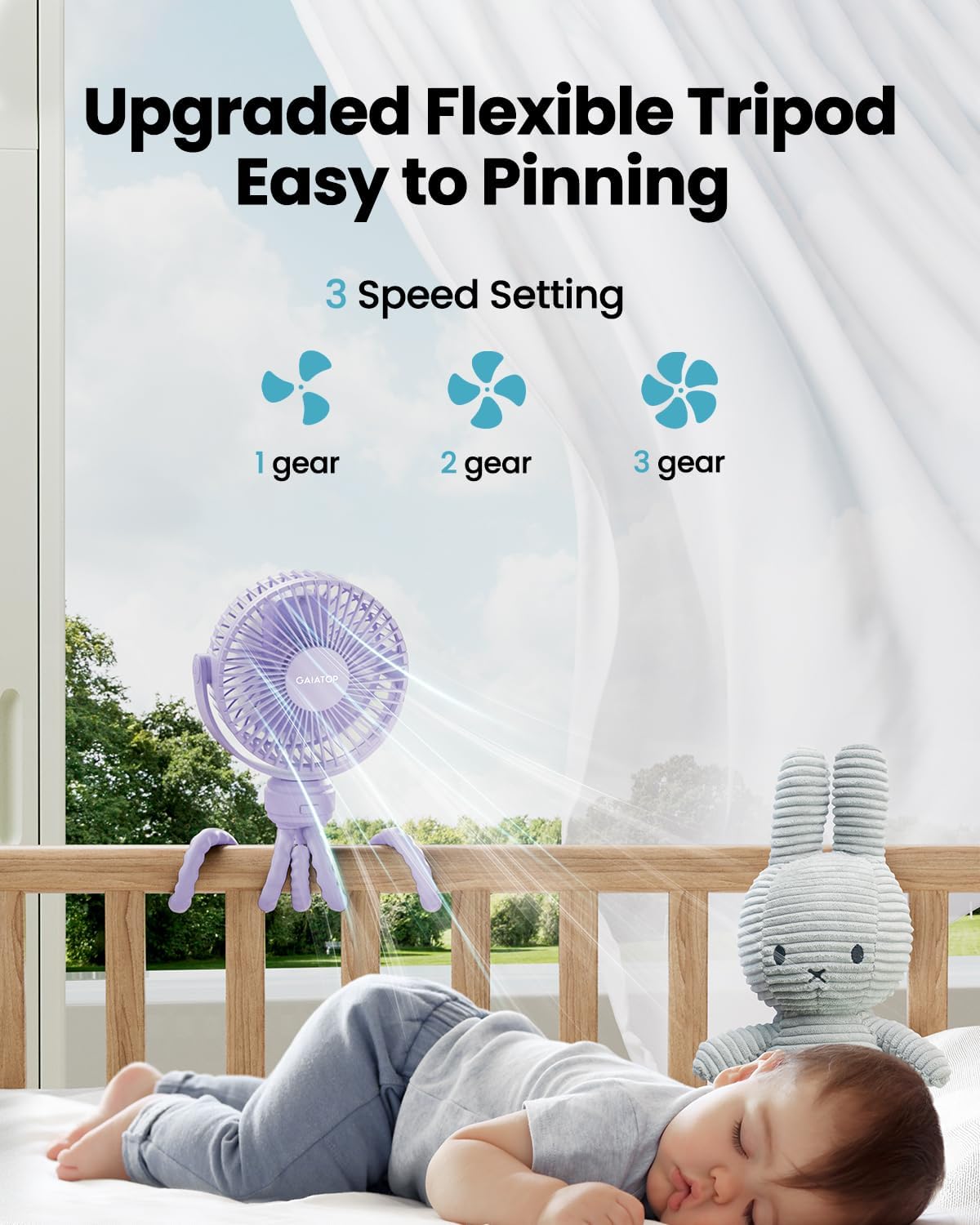 Gaiatop Mini Electric Fan with 360 Rotation, 5.5mm Gaps, Rechargeable Battery, 3 Speeds, Purple | 360° Rotate Flexible Tripod, Battery Operated Detachable, Cooling for Car Seat Crib Treadmill Travel Purple