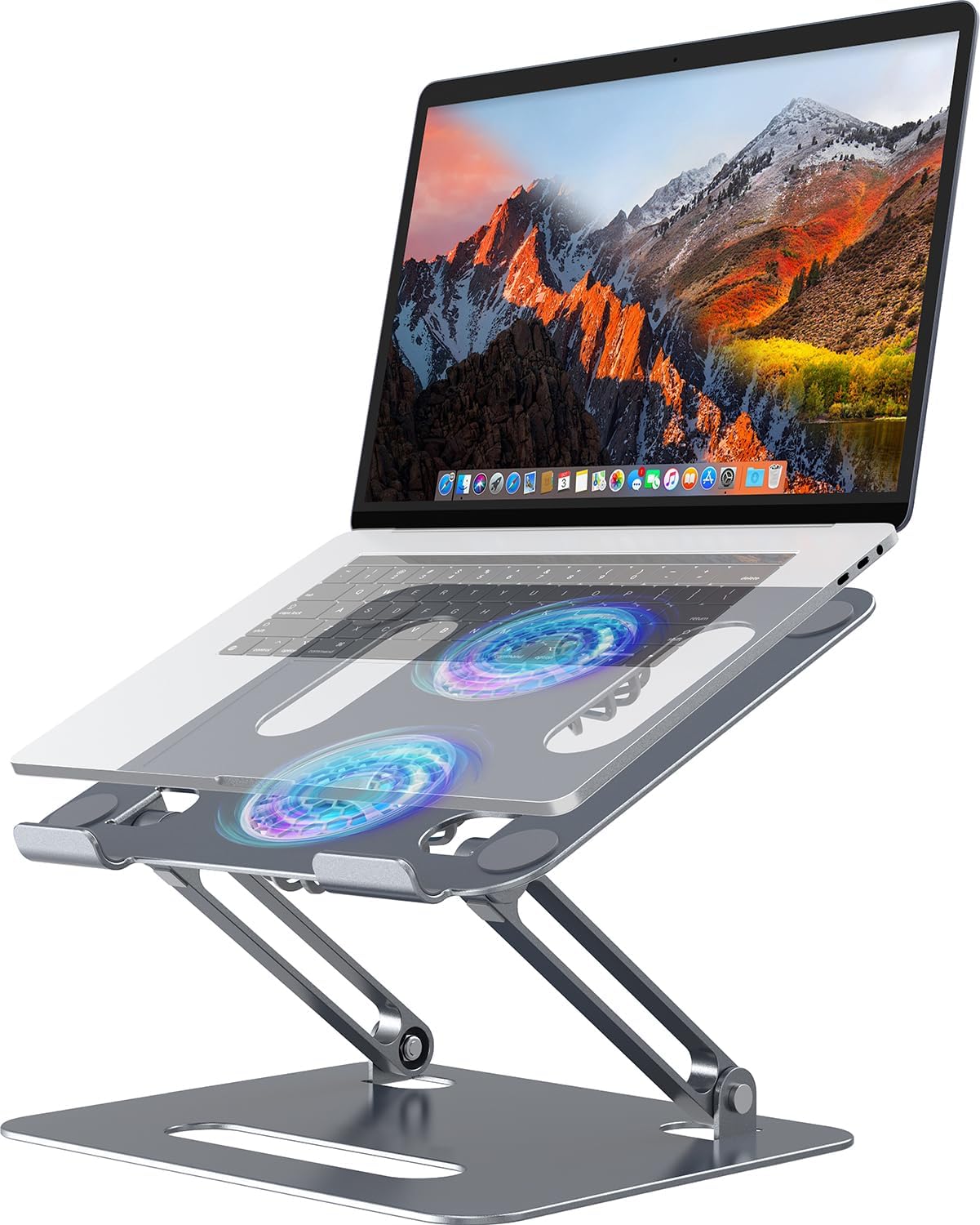 YICOSUN Adjustable Laptop Cooling Stand with 2 Quiet Fans & RGB Lighting, Aluminum Alloy & Foldable Ergonomic Design for MacBook, Lenovo, ASUS, Dell 10-16 Inch, Perfect for Gaming, DJ, Office - Gray