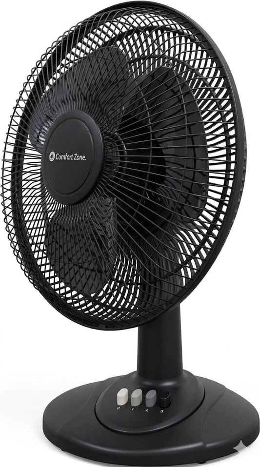 Comfort Zone Oscillating Table Fan with Adjustable Tilt, Convenient Push Button Controls, Quiet, 12 inch, 3 Speed, Desk Fan, Airflow 7.25 ft/sec, Ideal for Home, Bedroom, Dorm & Office, CZ121BK