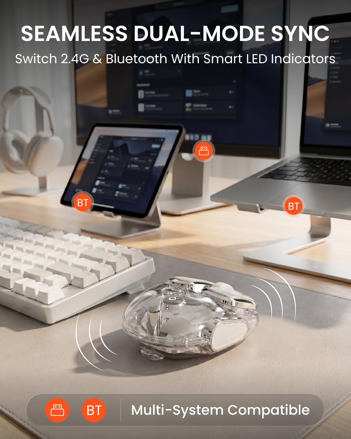 SEUNKWANG Q9 Transparent Wireless Mouse with RGB Lighting, Compact Multi-Device Bluetooth &amp; 2.4G Computer Mouse, Rechargeable, Quiet Clicks, 4800 DPI Cute Mice for Laptop, PC, Mac, iPad - Silver