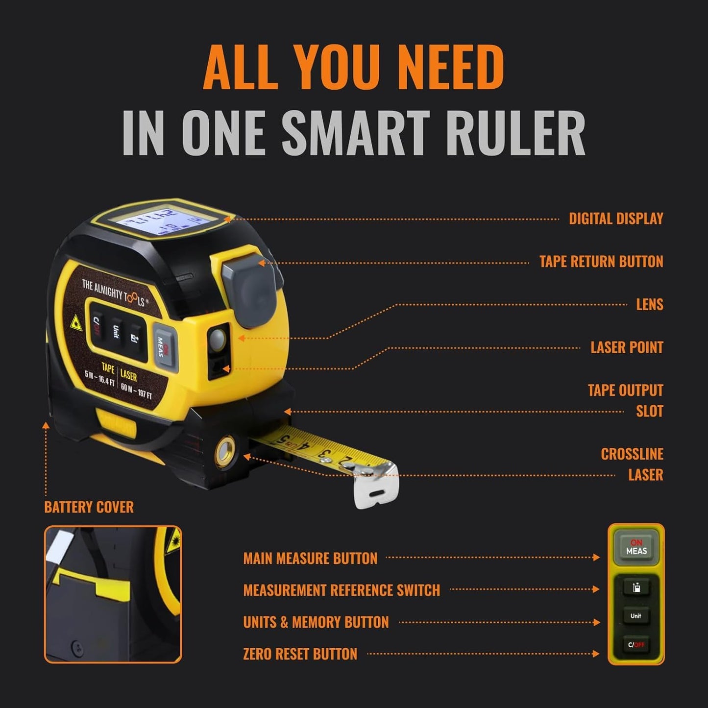 The Almighty Ruler Laser Tape Measure | Laser Distance Measurer, Heavy-Duty Tool with Cross Marking Feature, Smart Range Finder, Easy-Read Display, Ft & Metric Measurement | 131 ft | 43 yd | 40 m
