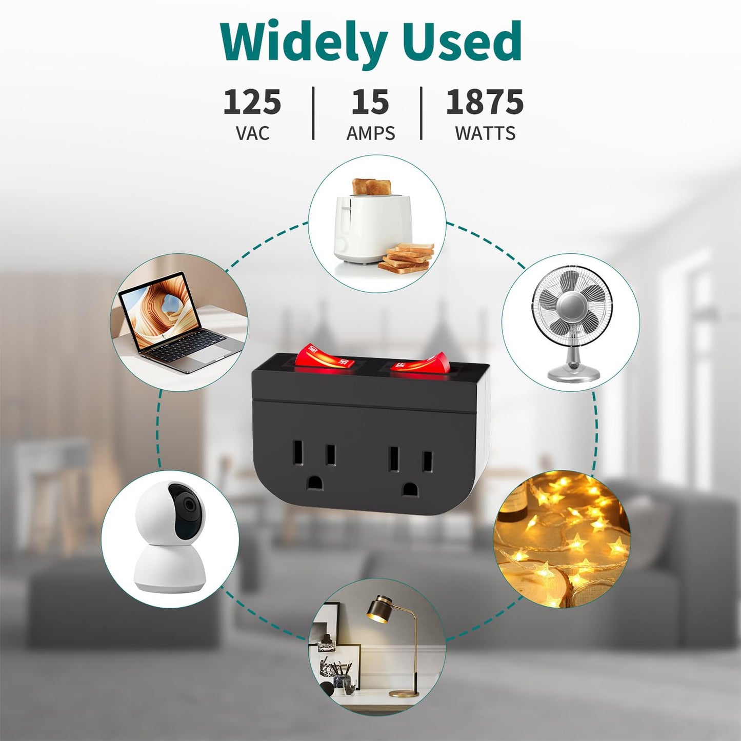 3Pack - POWAWINI Grounded Outlet with Double On Off Switch, Two Port Electrical Outlet Plug Switch, Wall Tap Adapter with Daul Red Indicator, 1875W,15A, ETL Listed (Black)