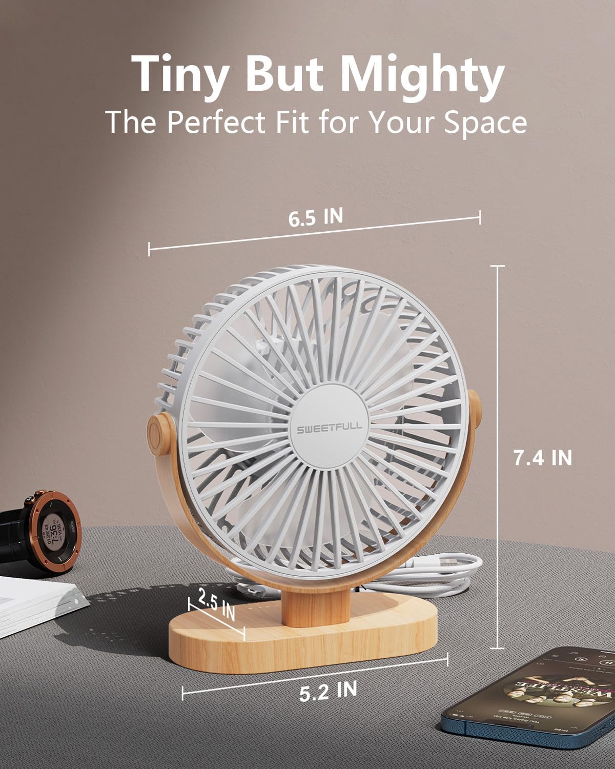 SWEETFULL Small USB Desk Fan, Desktop Table Fan, Quiet Office Mini - White | 6.5" Personal Fan; 3 Speeds; 360° Adjustable; 25dB; 10oz; USB Powered; Stable Base; Easy Cleaning-Home & Cooling; Retro Decor