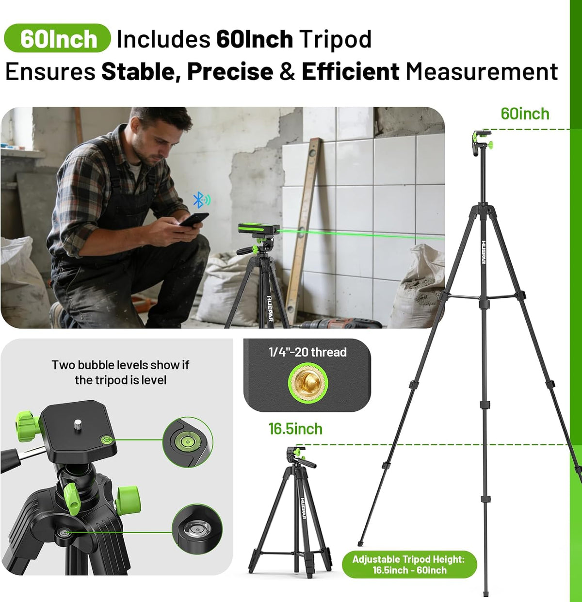 Huepar 395FT Bluetooth Green Laser Measuring Tool S120-G-BT | with 60" Tripod, APP Control, 1/16in Accuracy Laser Distance Measurement Tool, Digital Laser Room Measuring Device