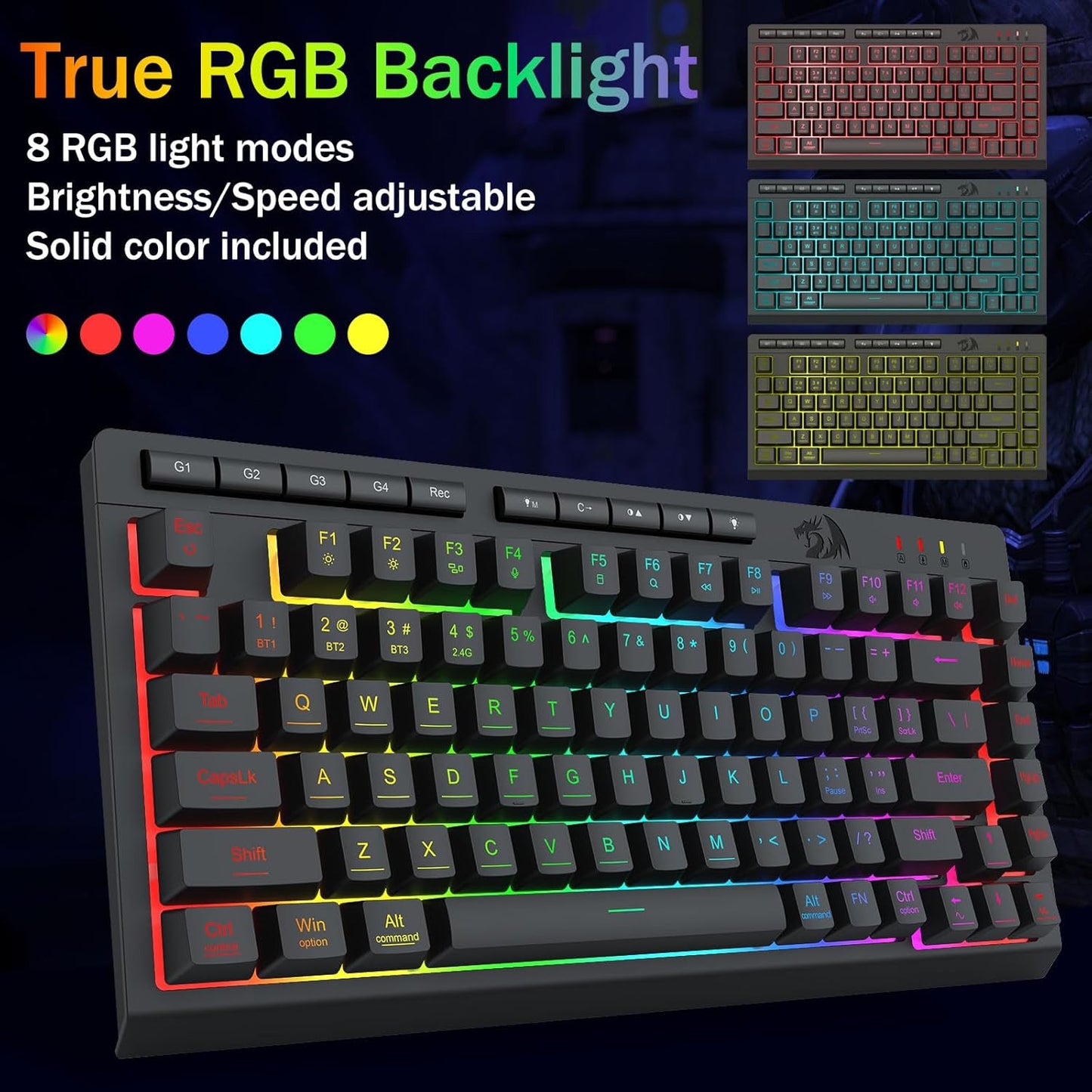 Redragon Wireless Gaming Keyboard, RGB Backlit, Portable 75% Design, Black | Bluetooth/2.4GHz/USB-C Wired, Mini Quiet Macro Membrane Keyboard, Rechargeable 4000mAh Battery, Anti-Ghosting for Win/MAC