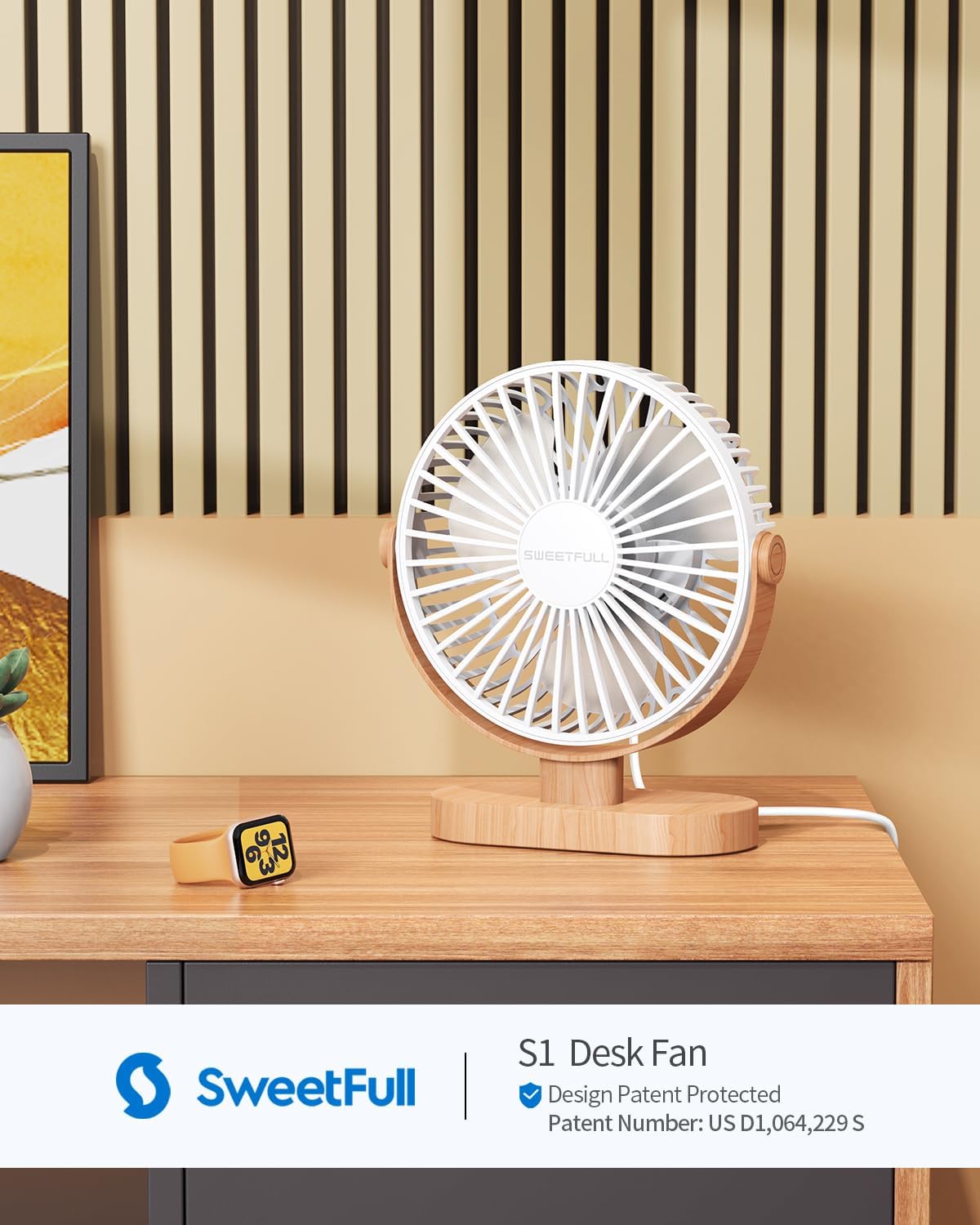 SWEETFULL Small USB Desk Fan, Desktop Table Fan, Quiet Office Mini - White | 6.5" Personal Fan; 3 Speeds; 360° Adjustable; 25dB; 10oz; USB Powered; Stable Base; Easy Cleaning-Home & Cooling; Retro Decor