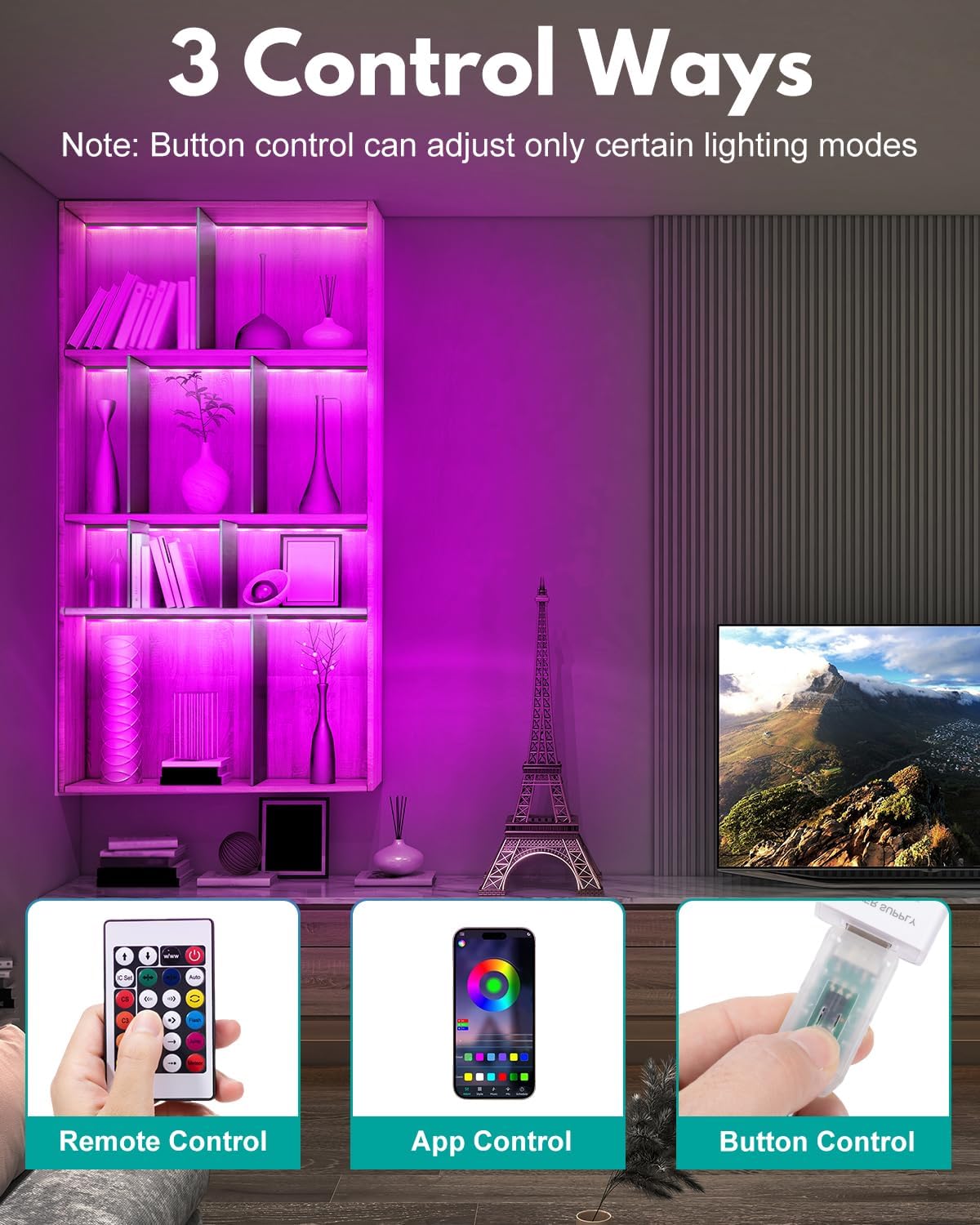 JUSJUBR RGB Shelf Lights, 4 PCS 12 Inch LED Light Bars for Night Ambient Lighting, Multiple Colors and Lighting Modes, App & Remote Control, Mood Lighting for Shelves, Cabinets, Display Cases, Desks