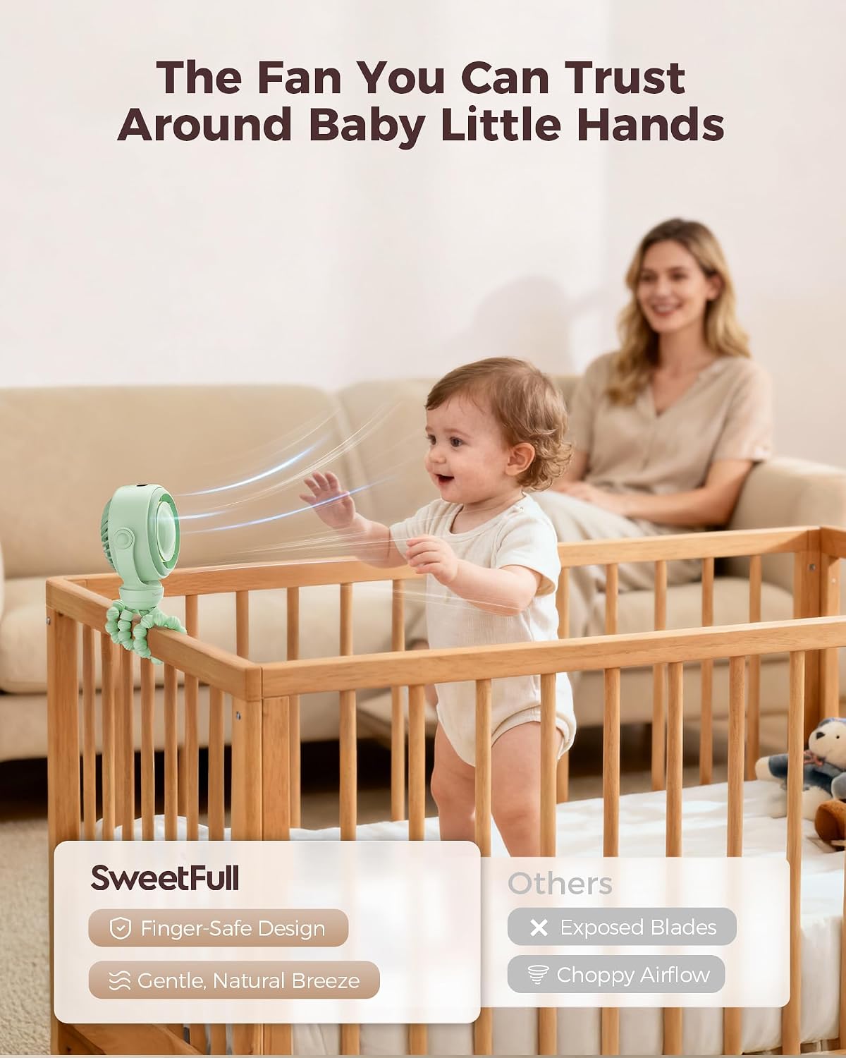 SWEETFULL Baby Stroller Fan, Safe Portable Fan, 15H Use, Nightlight - Green | Pinch-Proof Design; 4000mAh Rechargeable; Stable Mini Clip On Fan; 360° Adjustable; 4-Speed Quiet; LED Display; Car Seat Crib