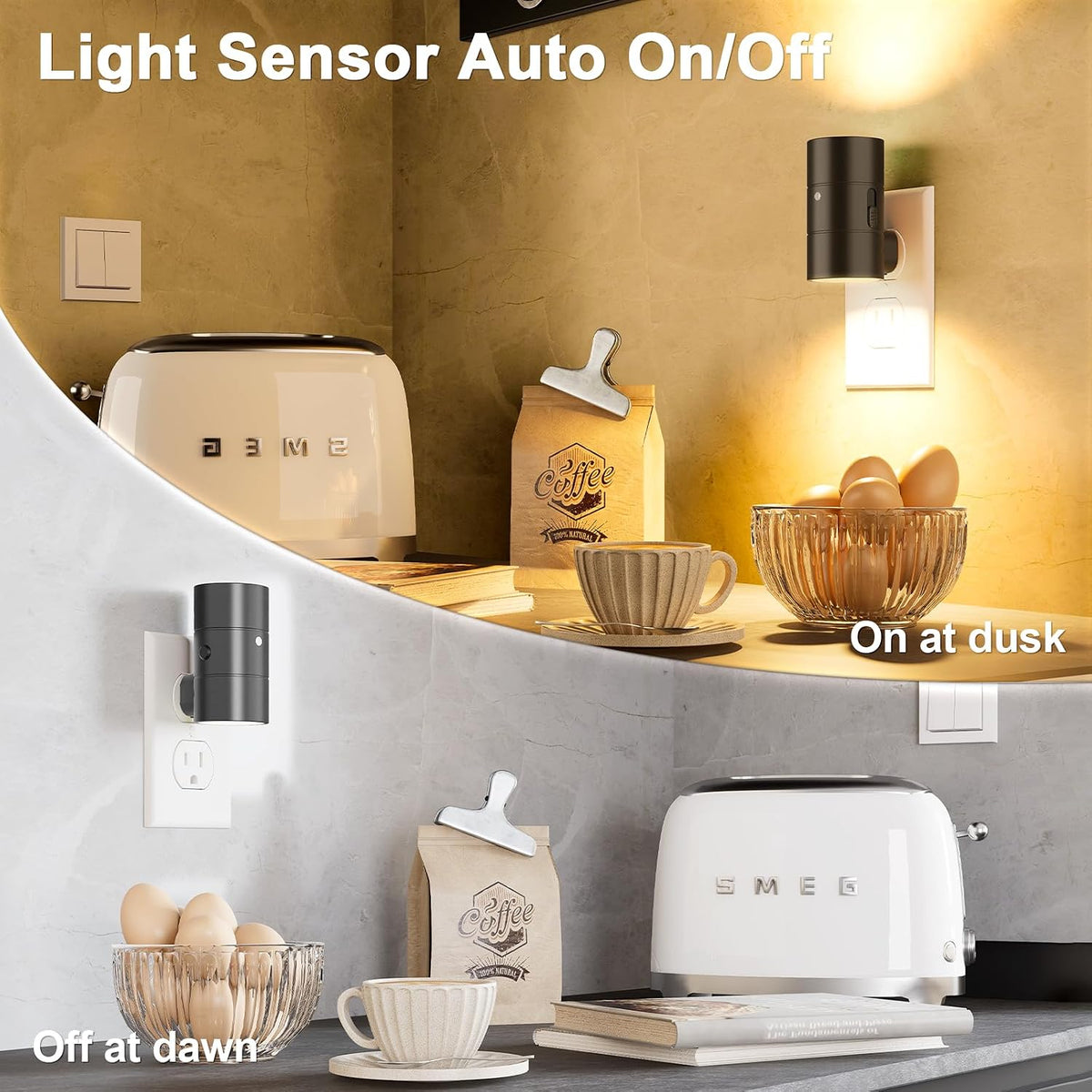 NIORSUN Night Lights Plug into Wall, Dimmable with 3 Color Modes & Auto On/Off Sensor, Ultra-Slim Nightlight for Hallway, Bathroom, Bedroom, Nursery, Kitchen (6 Pack, Black)