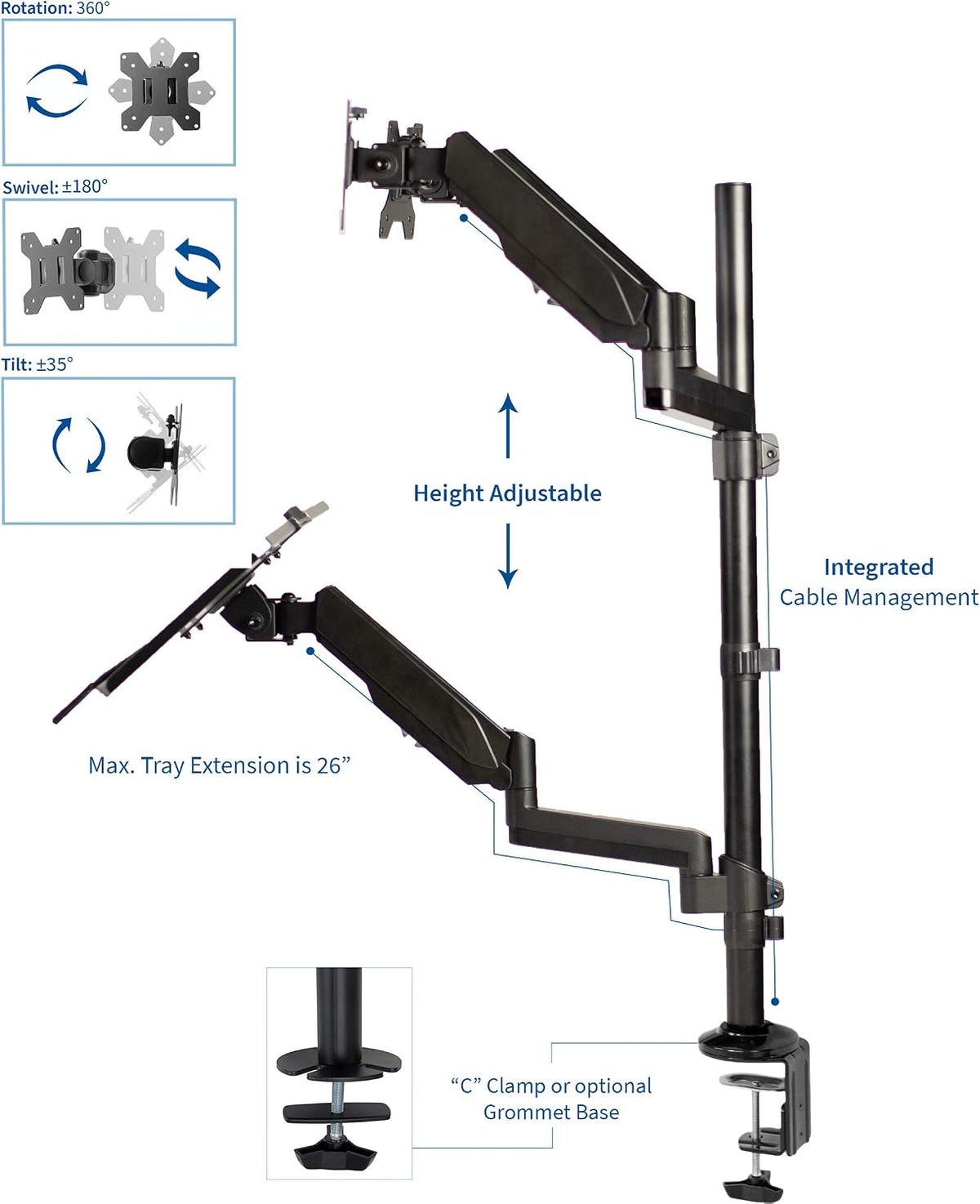 VIVO Black Dual Monitor Sit-Stand Height Adjustable Workstation, Standing Desk Mount with Pneumatic Spring, Holds 2 Screens up to 32 inches STAND-SIT2B