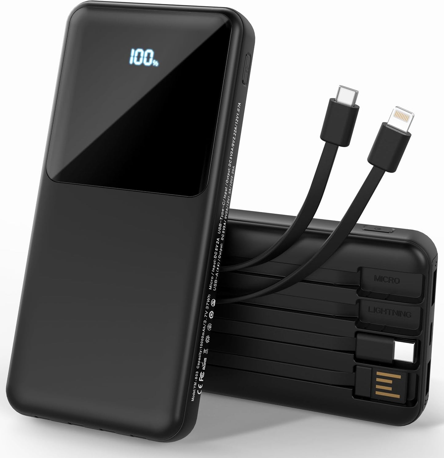Portable Charger with Built in Cables, Power Bank with Cords Wires, Slim 10000mAh Travel Battery Pack 6 Outputs 3 Inputs 3A Fast Charging for Samsung Google Pixel LG Moto iPhone iPad, 1 Pack